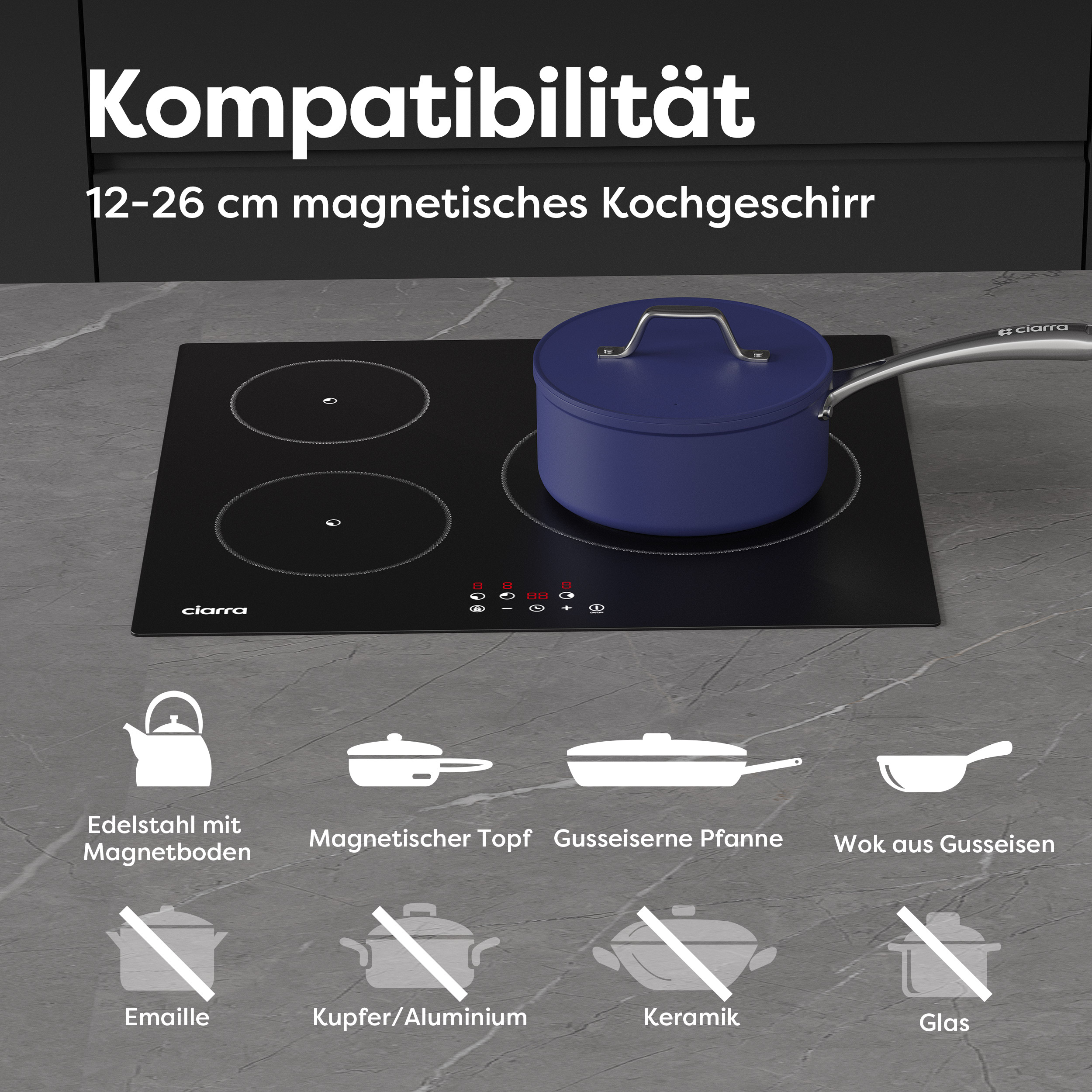 Table de cuisson à induction noire avec une casserole bleue. Texte de compatibilité et images de cuisine.