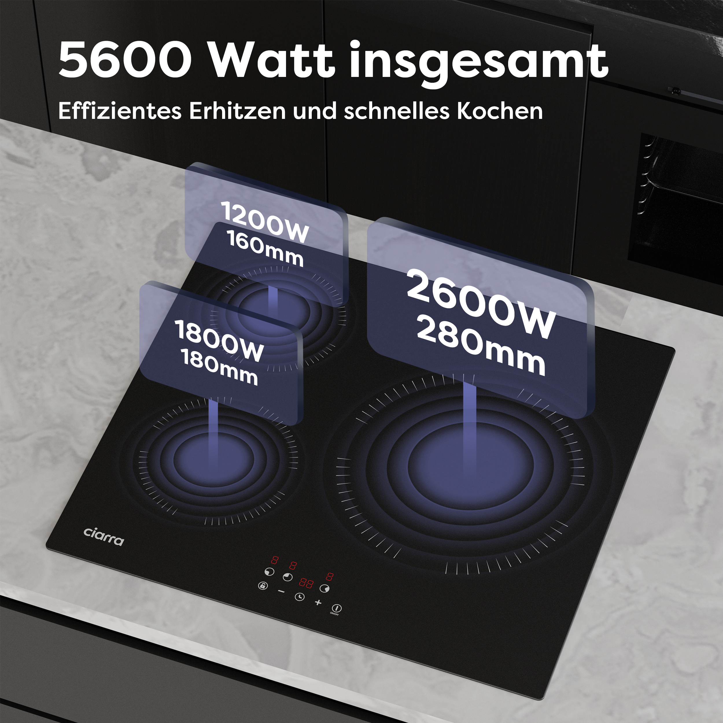 Table de cuisson à induction noire avec quatre zones de cuisson et étiquettes de watts et dimensions.