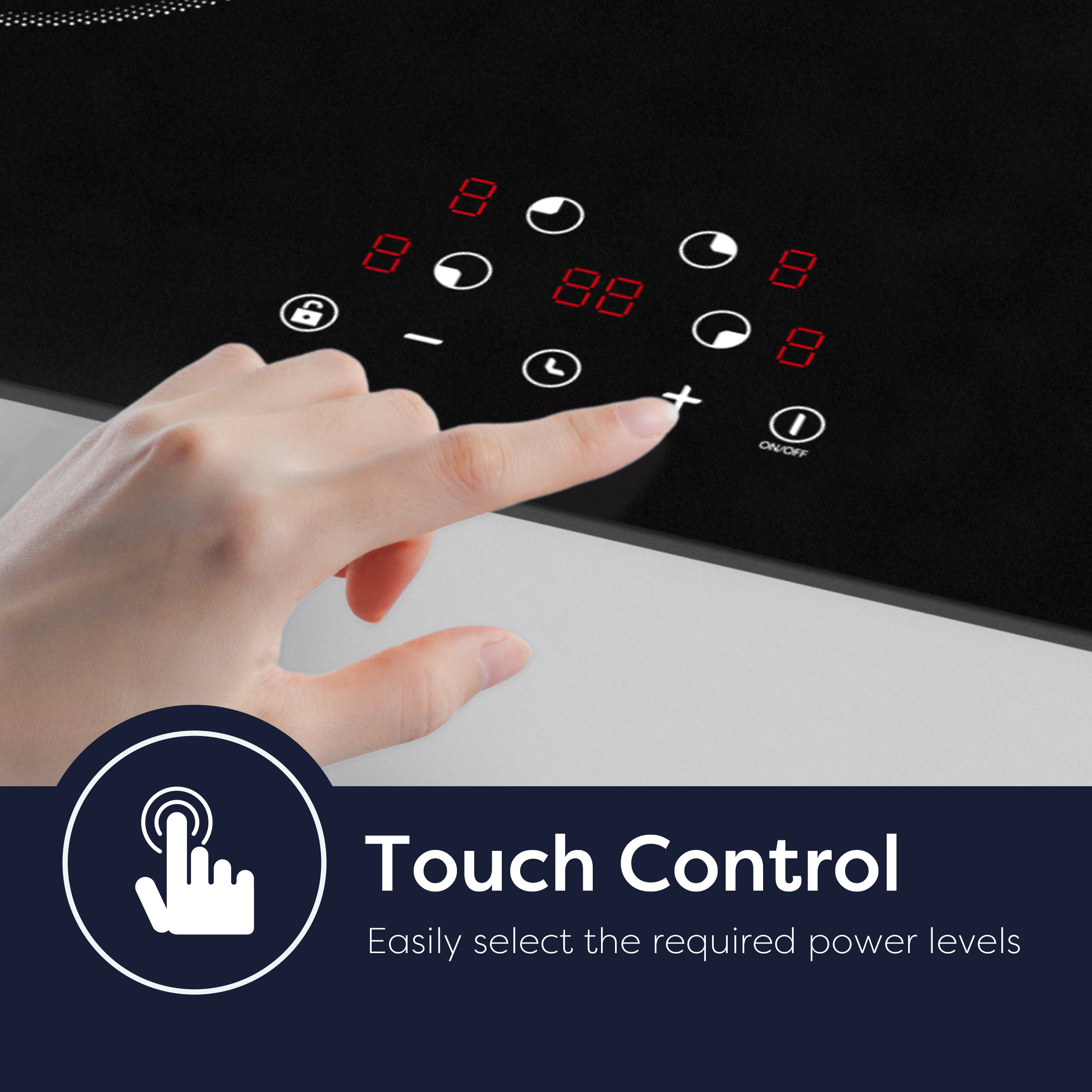 Eine Hand berührt eine Touch-Oberfläche. Anzeige mit roten Zahlen und Symbolen.