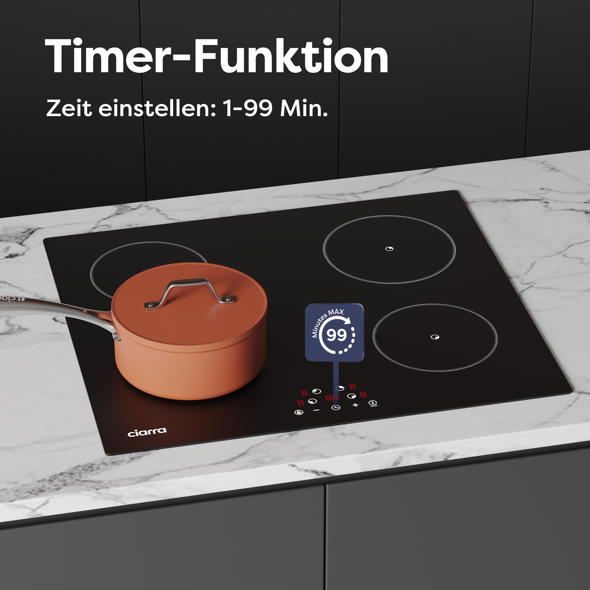 Schwarzes Kochfeld mit orangefarbenem Topf, Timer und Text: Timer-Funktion.