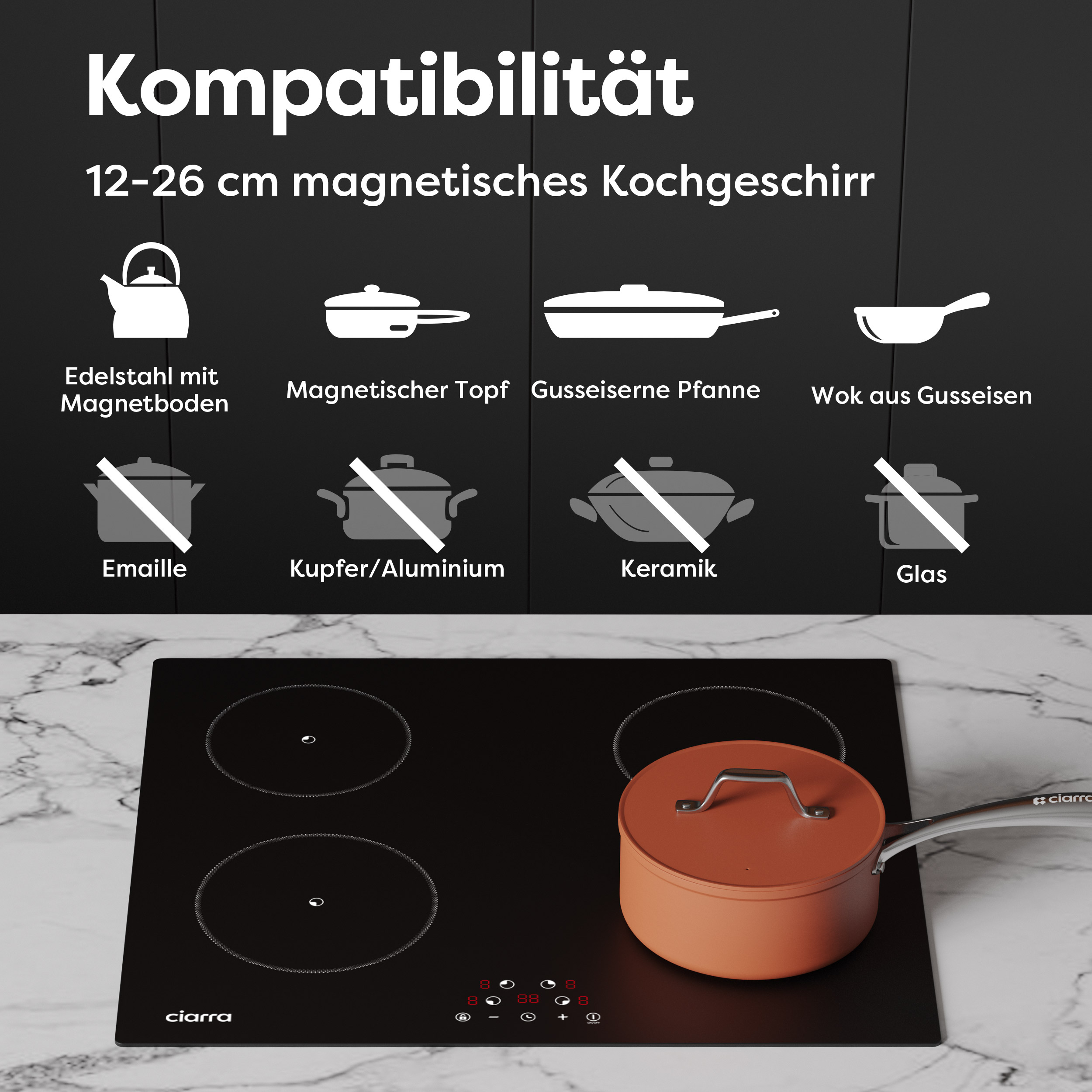 Induktionskochfeld mit Topf. Das Bild zeigt verschiedene Arten von Kochgeschirr.