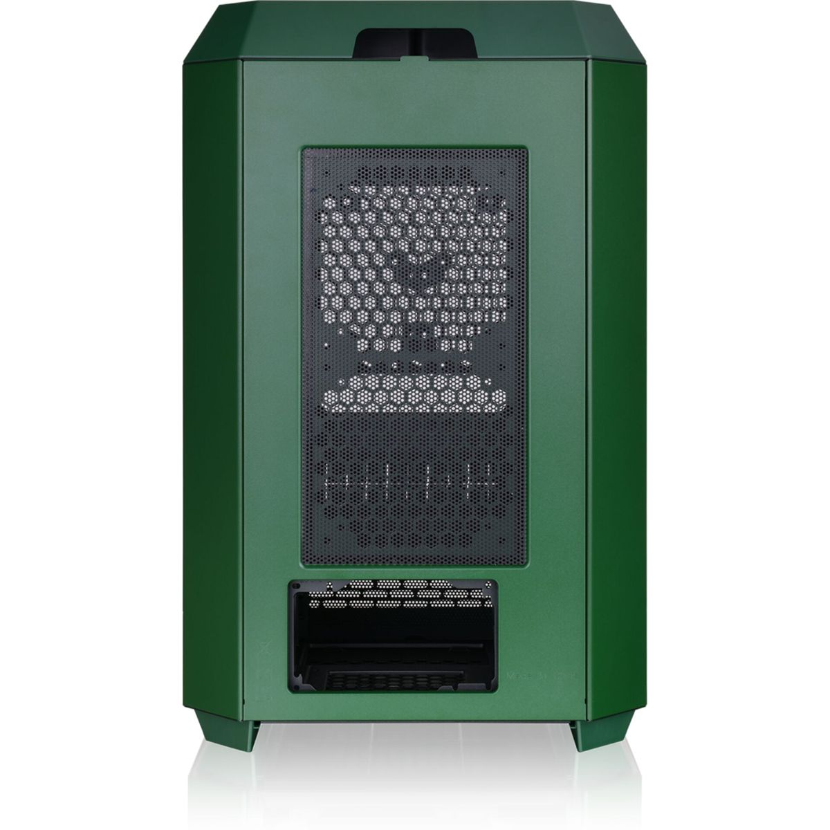 Case per computer verde con pannello frontale a rete. Ha una forma rettangolare e si trova su una superficie bianca.
