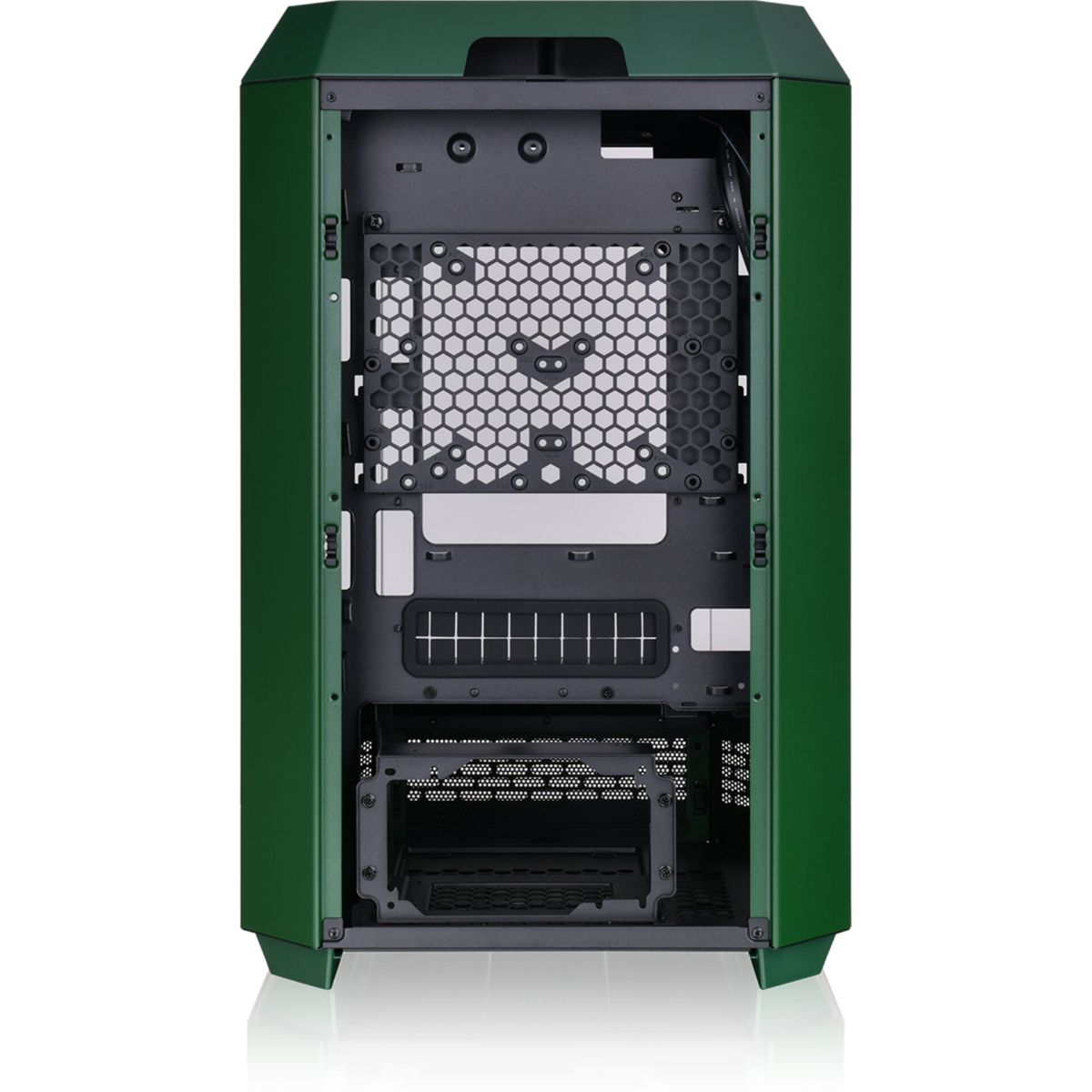 Case per computer verde, aperto, che mostra componenti interni e pannello posteriore.
