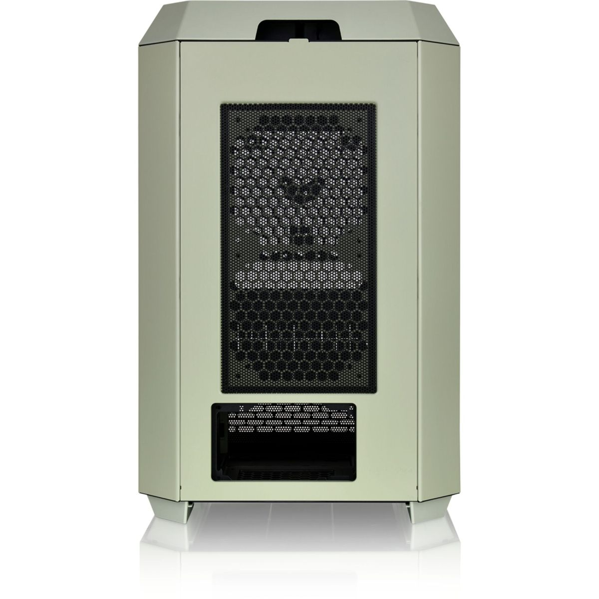 Un case per computer verde chiaro con un pannello frontale a rete e un pannello inferiore nero.