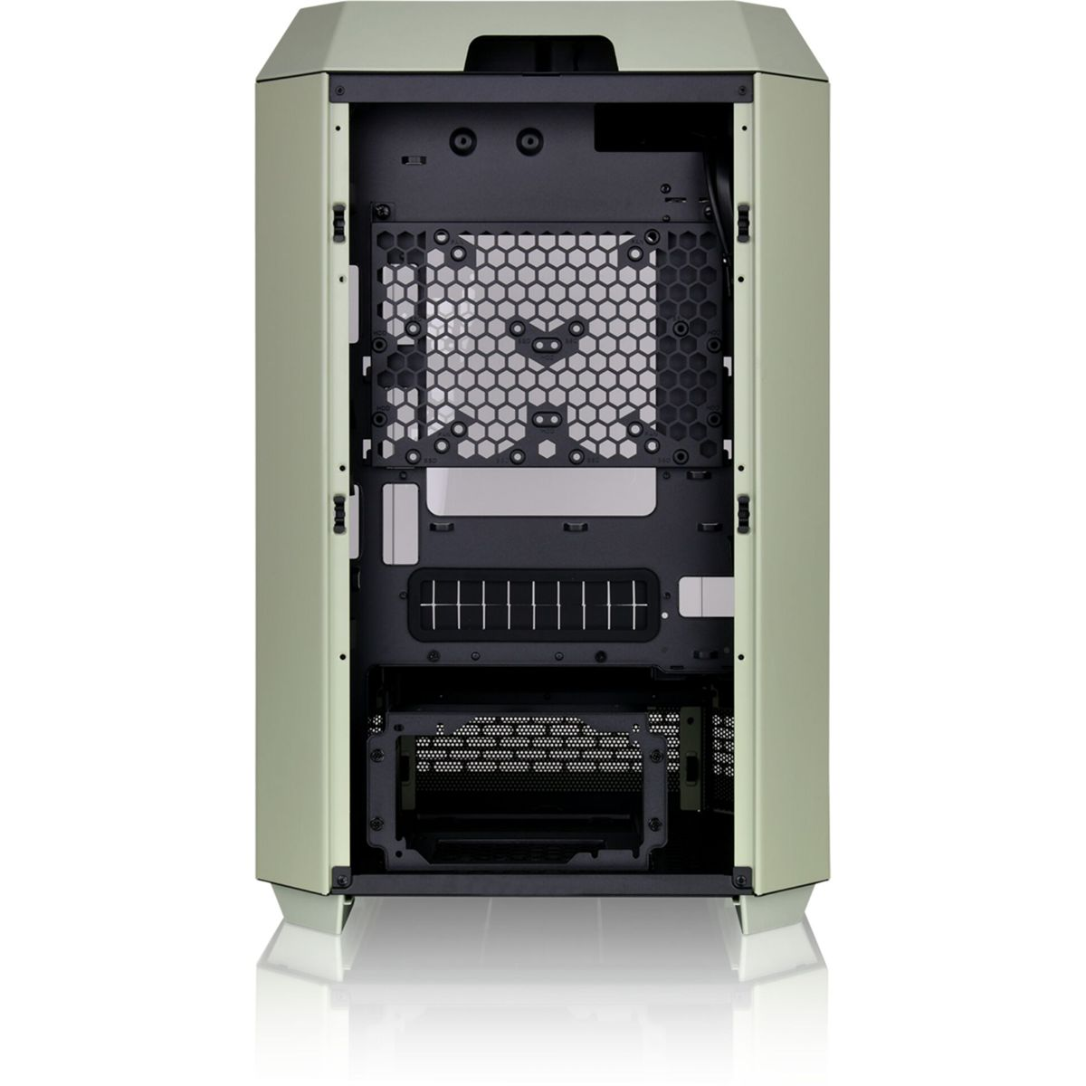 Interno del case del computer. Un case verde con interno nero, che mostra i componenti.