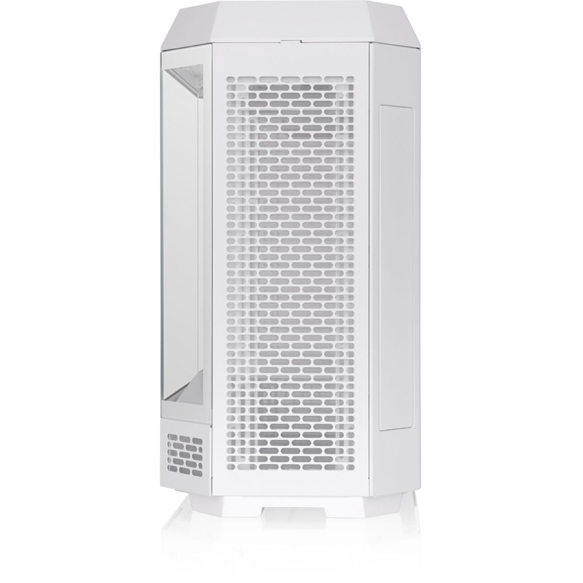 Case del computer bianco, vista laterale, che mostra vetro e prese d'aria.