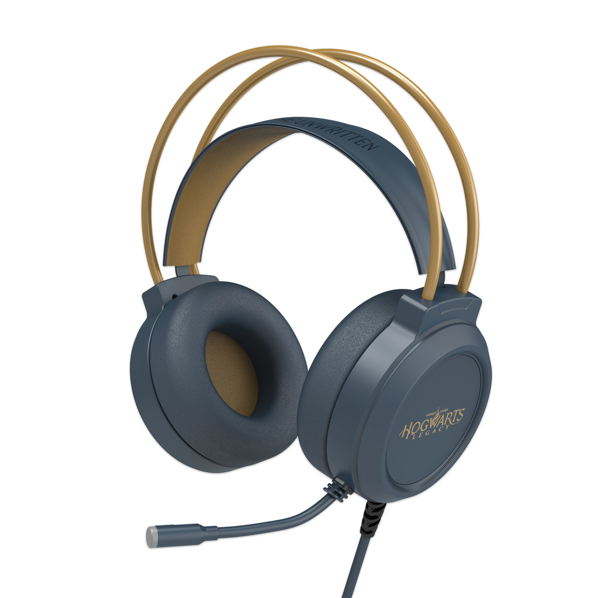 Cuffie da gioco blu e oro con microfono e la scritta 'Hogwarts Legacy' sulla fascia.