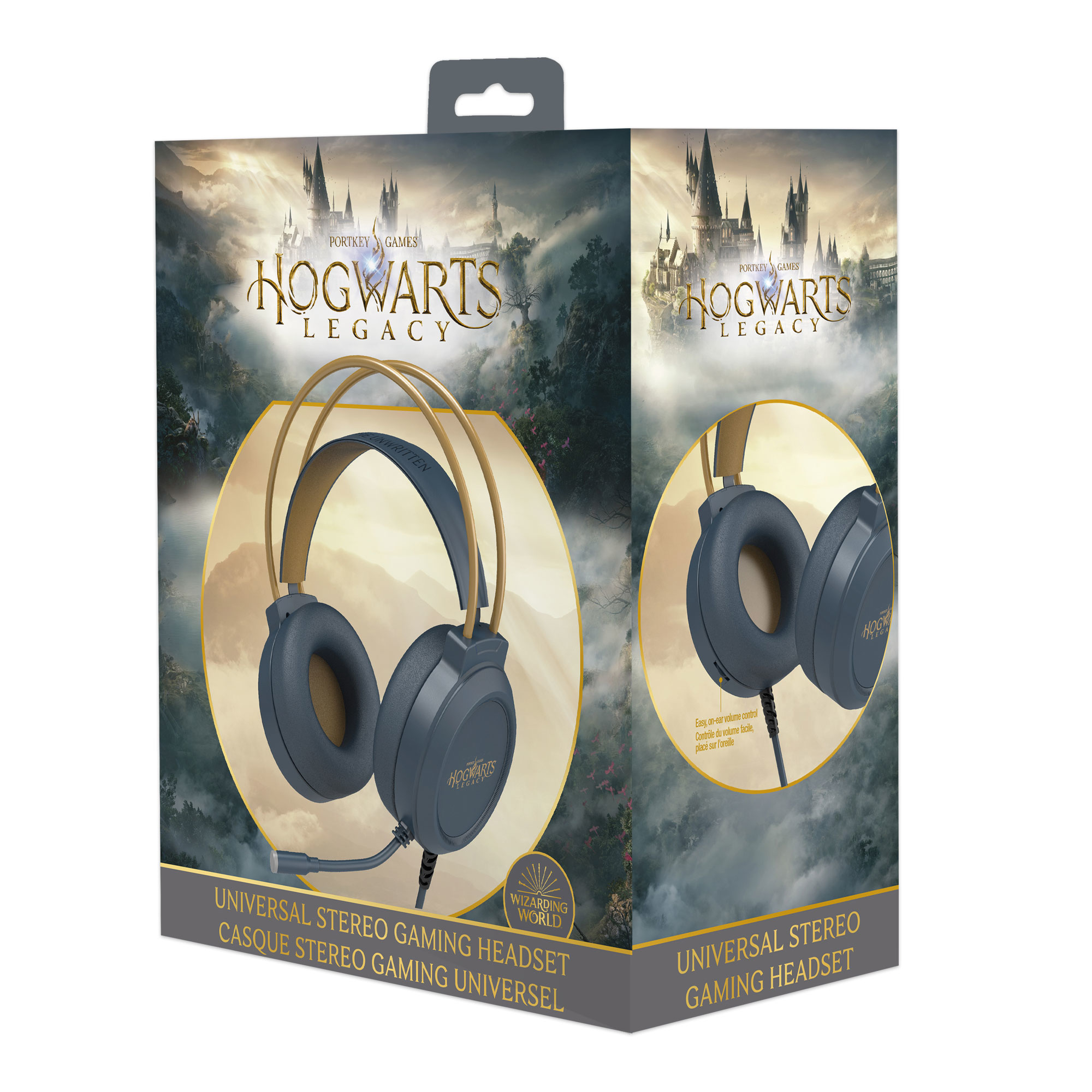 Cuffie da gioco in scatola con design Hogwarts Legacy. Ha microfono e padiglioni.