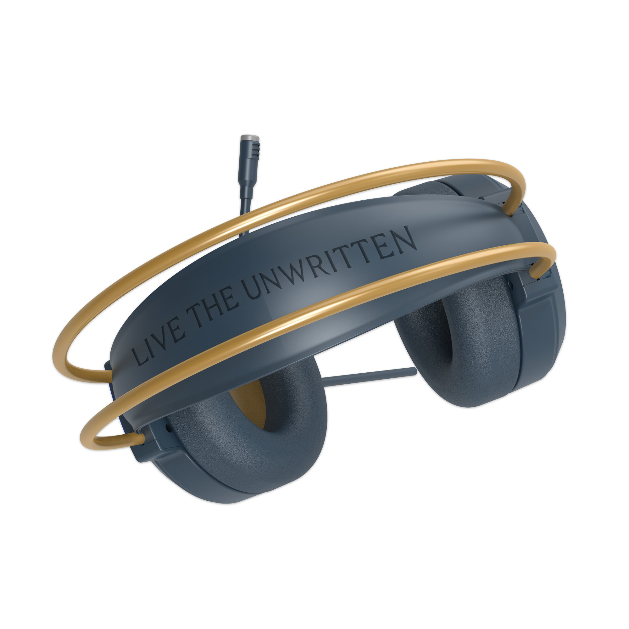 Cuffie con dettagli dorati e microfono, visibile la scritta 'LIVE THE UNWRITTEN'.