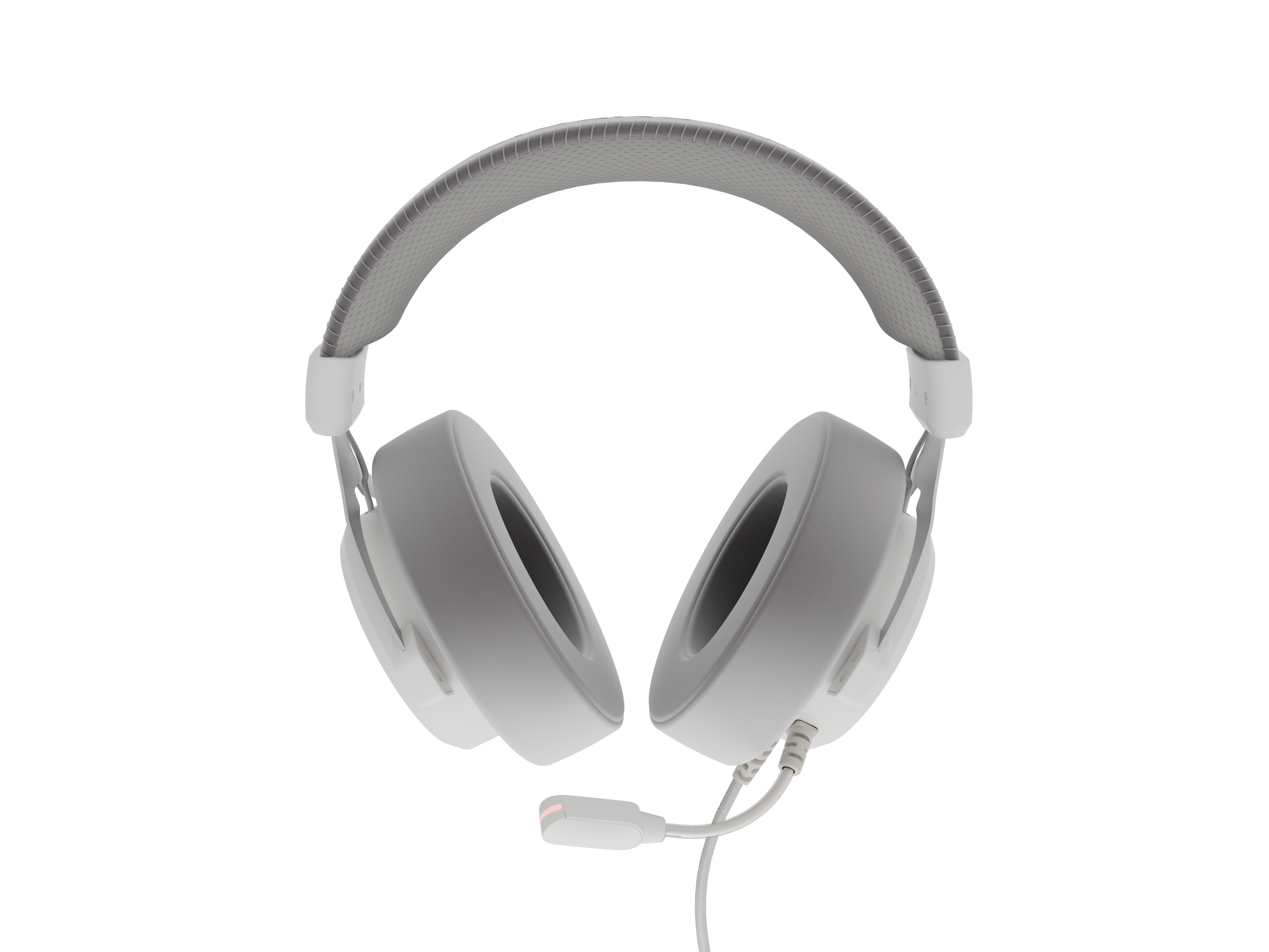 White headphones with gray earcups and headband. A microphone extends from the left earcup. White background.
