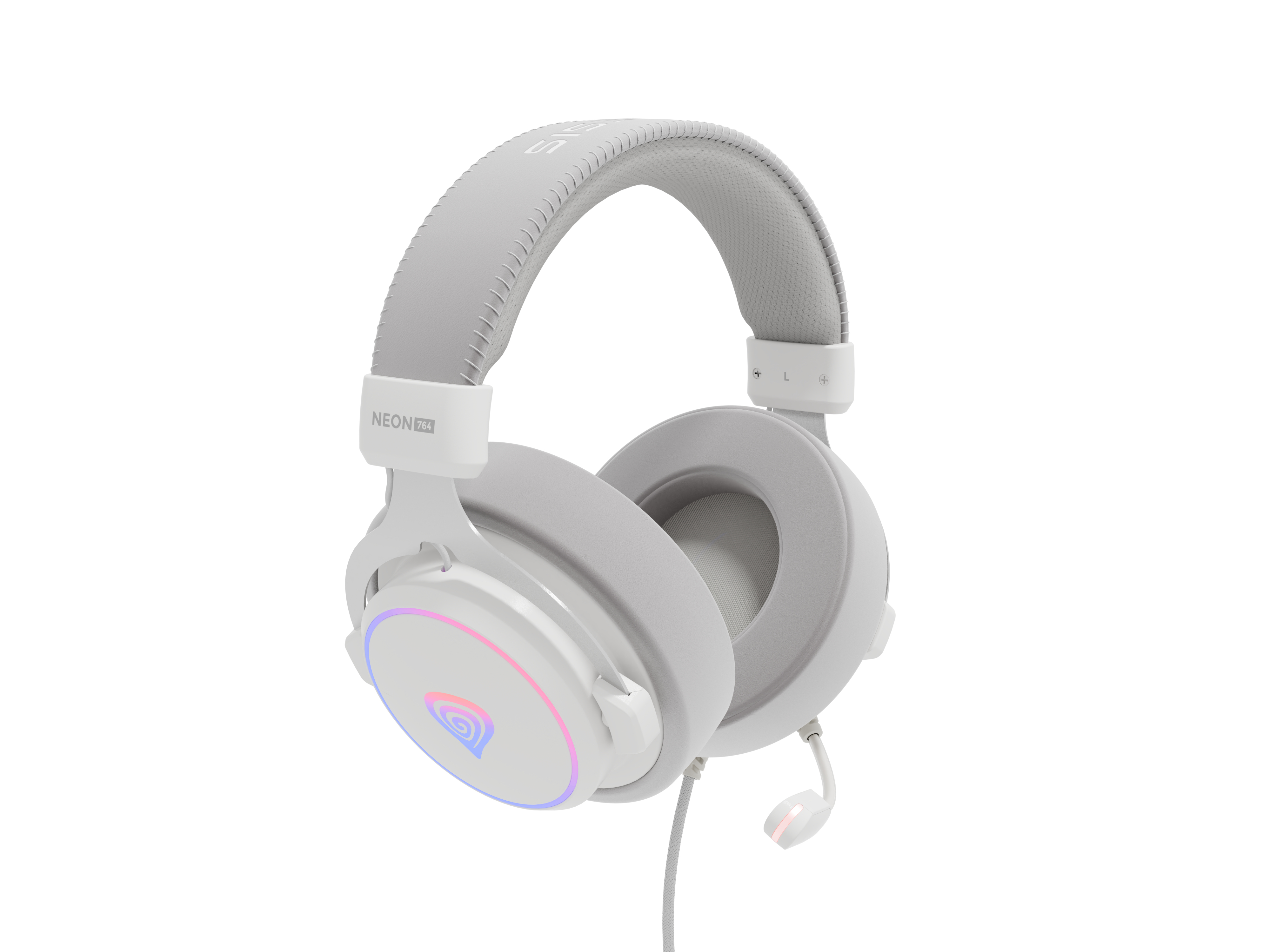 White gaming headphones with RGB lights. The brand name is NEON PRO.