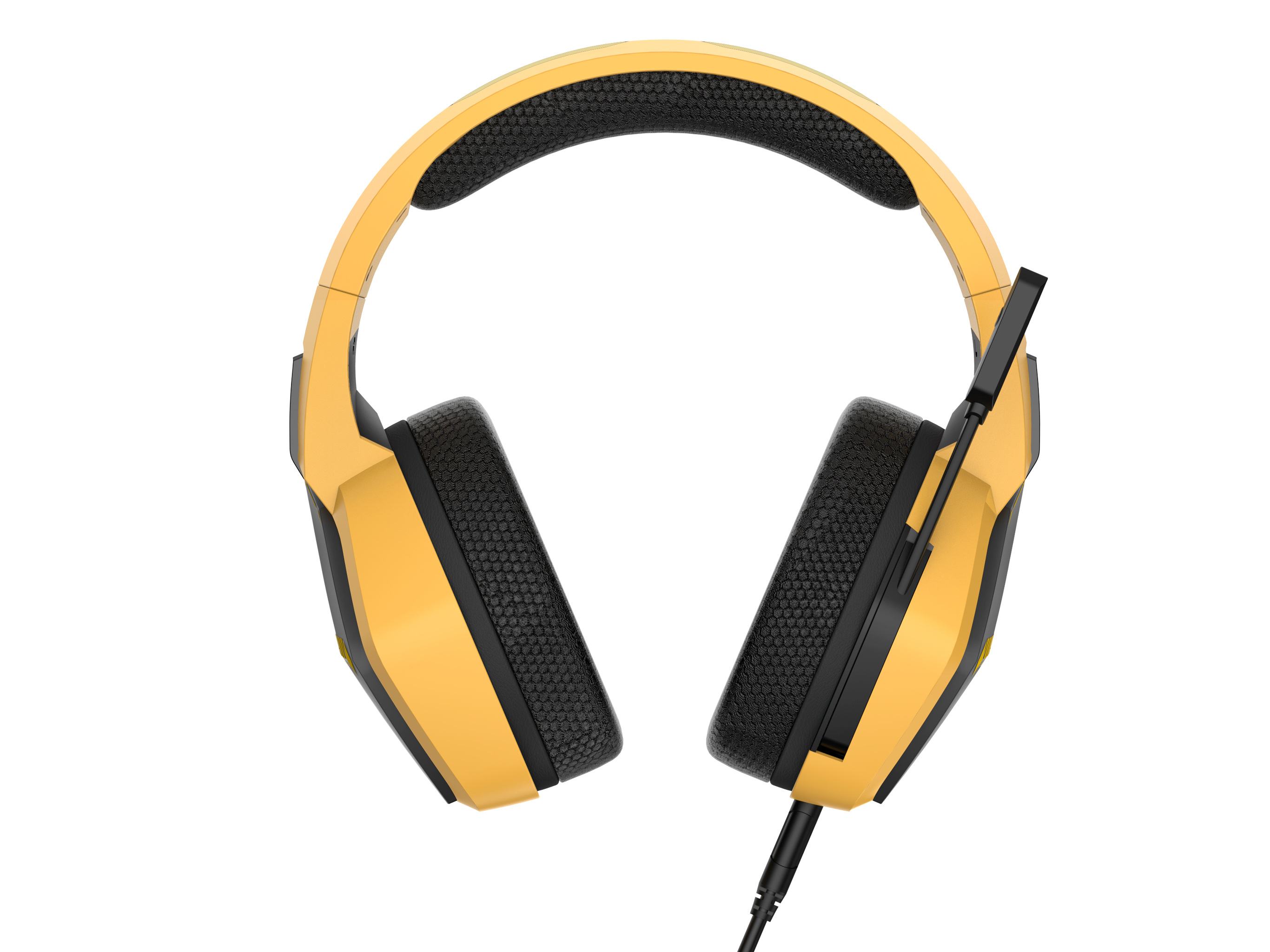 Cuffie da gaming gialle e nere con microfono, isolate su sfondo bianco.