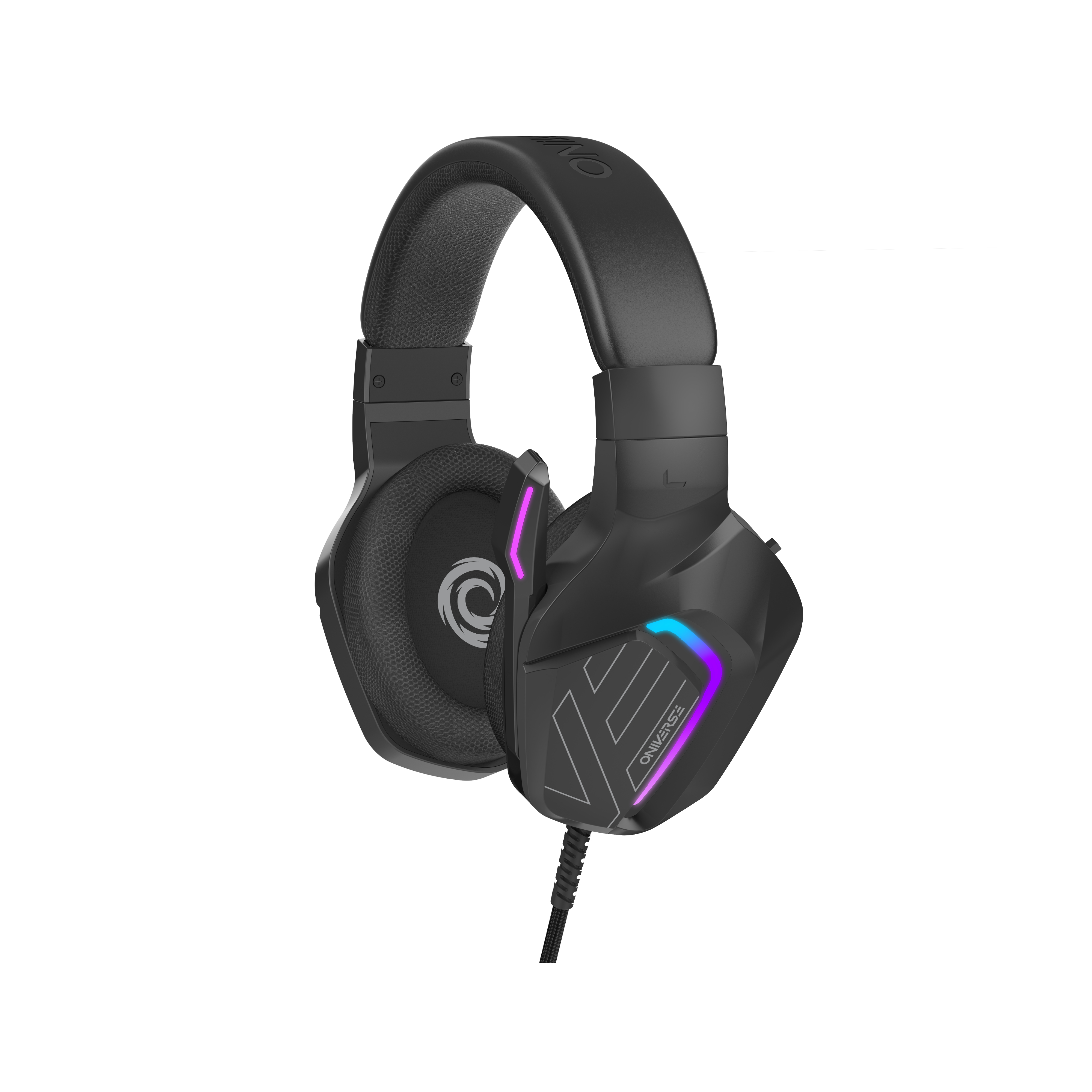 Cuffie da gioco nere con illuminazione RGB e microfono visibile. Isolato su bianco.