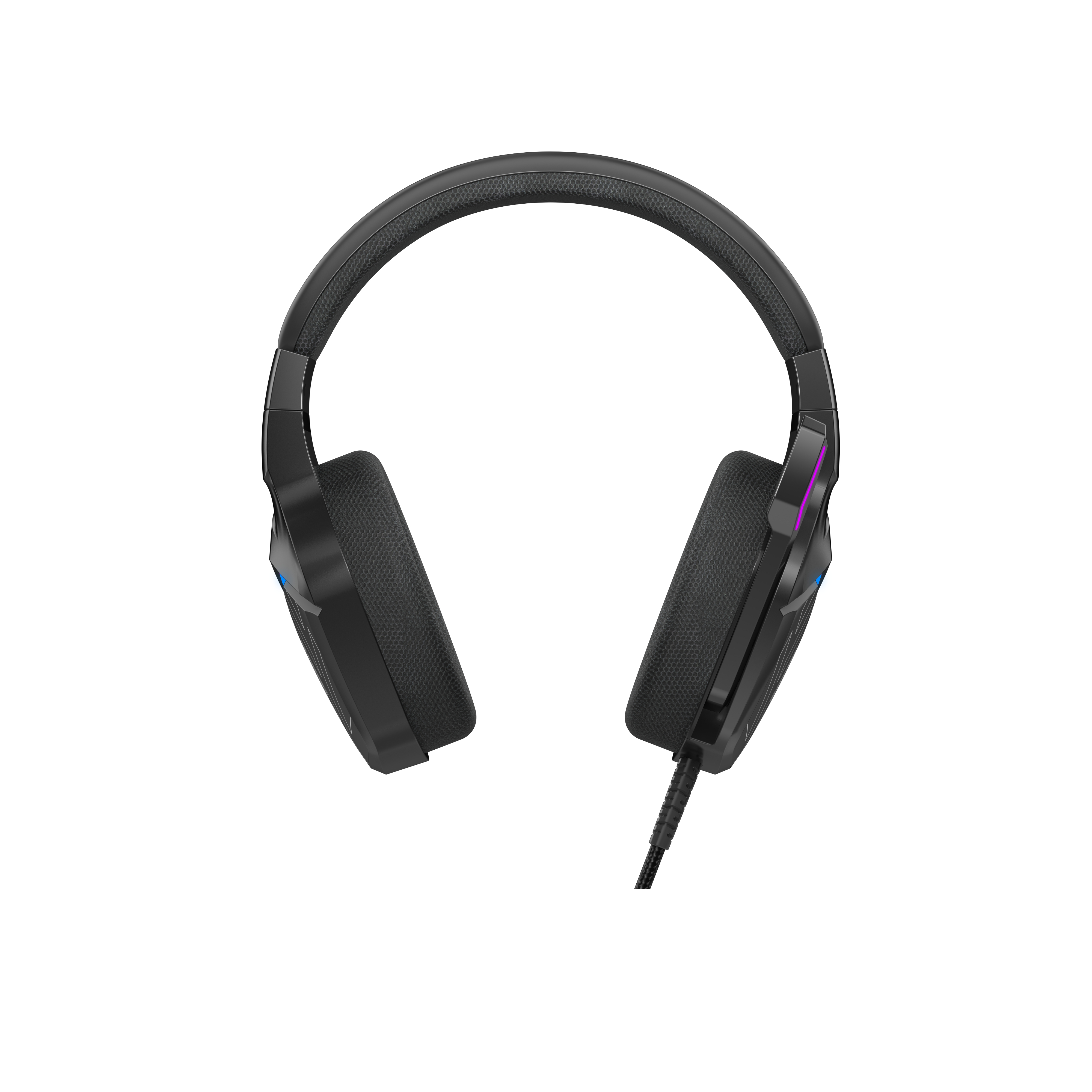 Cuffie da gioco nere, vista dall'alto, con microfono e accenti blu e viola luminosi.