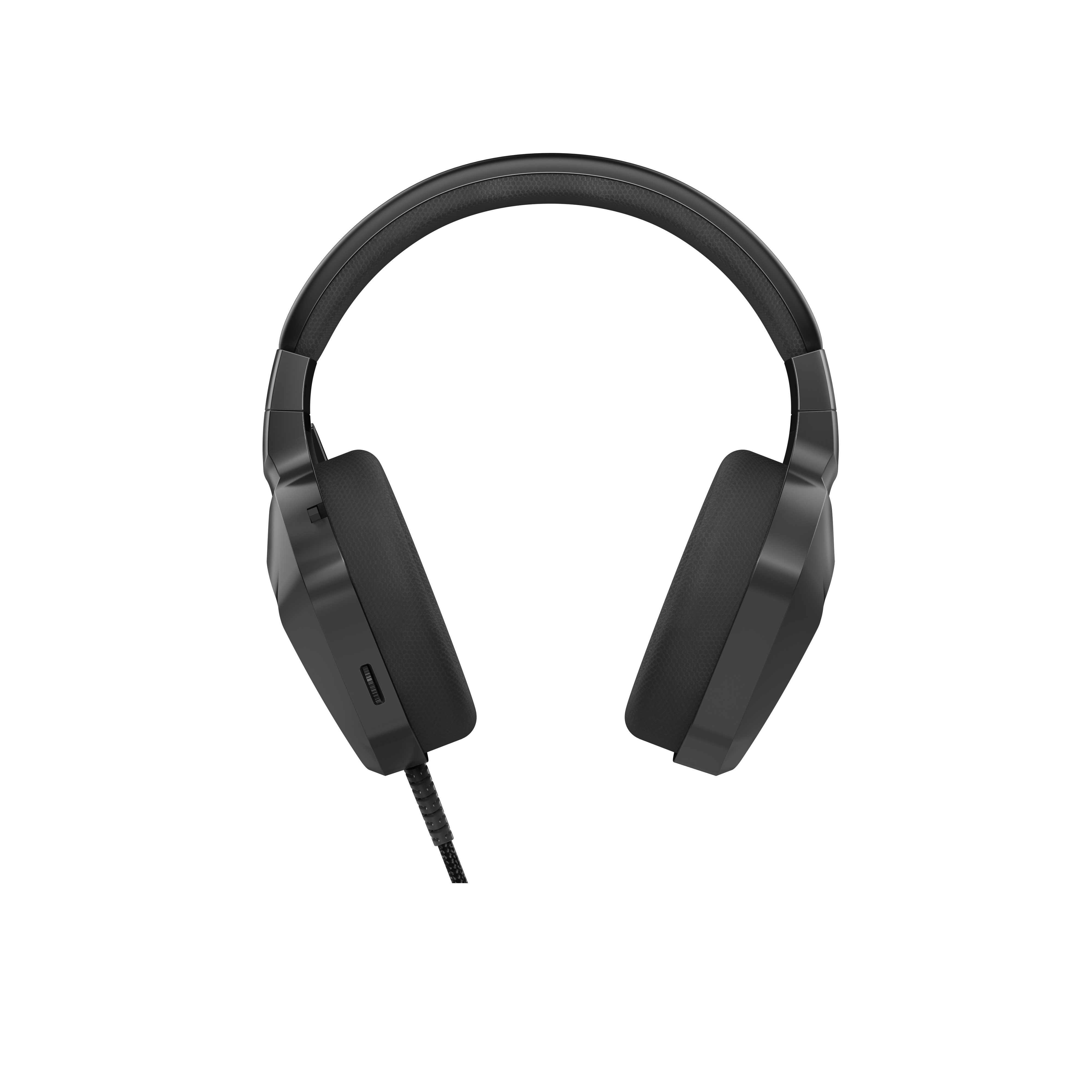 Cuffie nere over-ear, cavo collegato, su sfondo bianco.