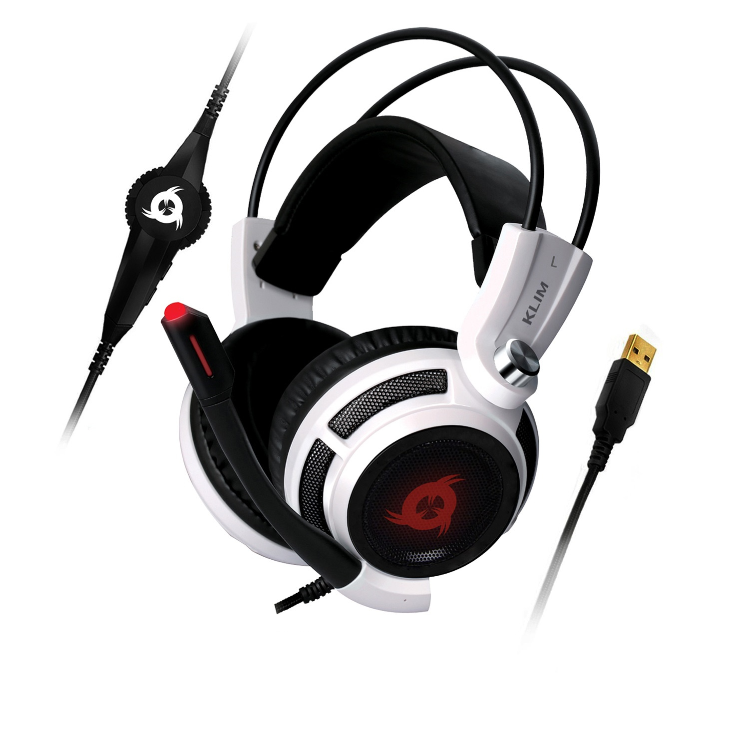 Un auricolare da gioco bianco e nero con logo rosso sul padiglione auricolare e microfono rimovibile. Cavo USB.