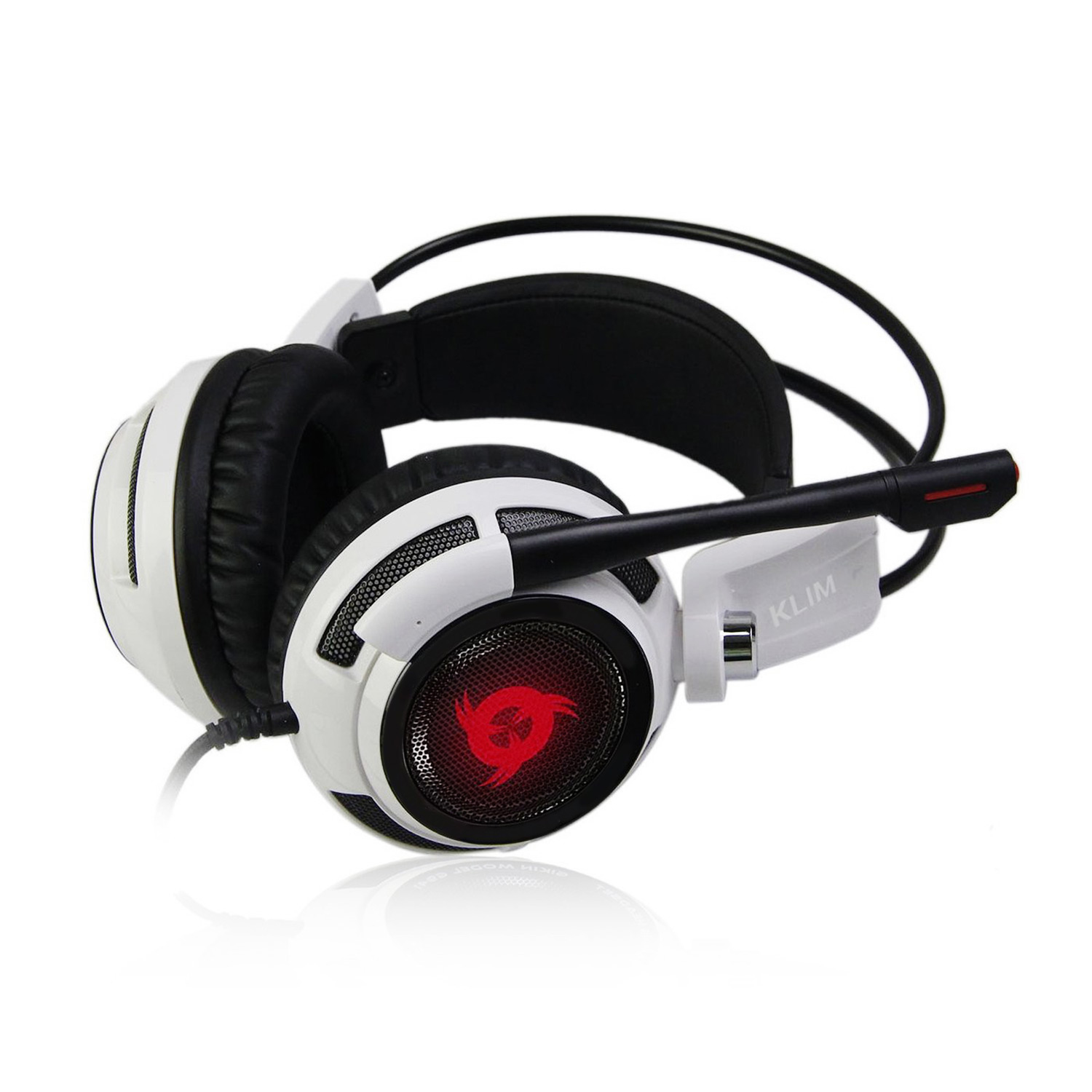 Cuffie gaming bianche e nere con dettagli rossi, microfono, sfondo bianco.