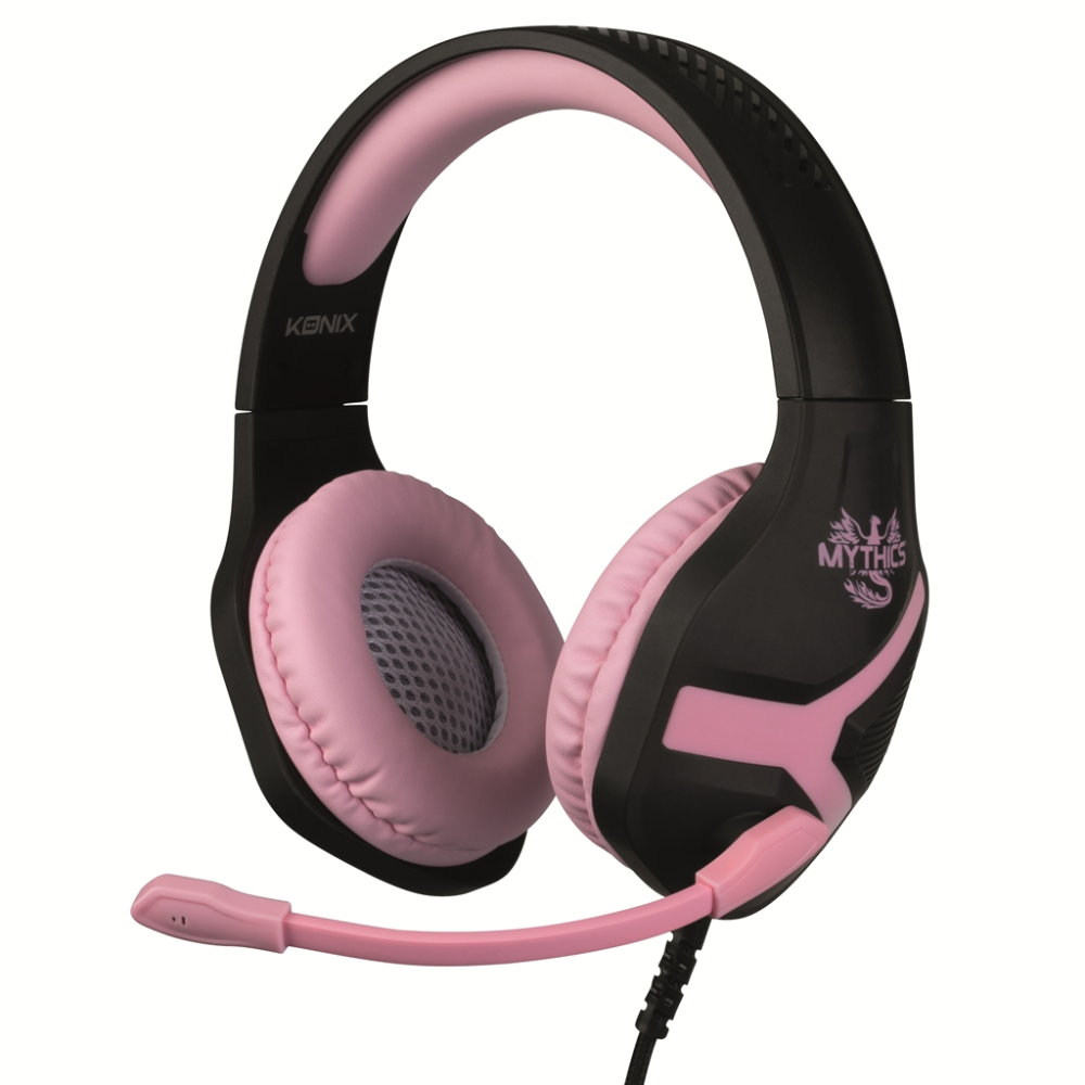 Cuffie da gioco rosa e nere. Padiglioni rosa, microfono e logo Mythics.