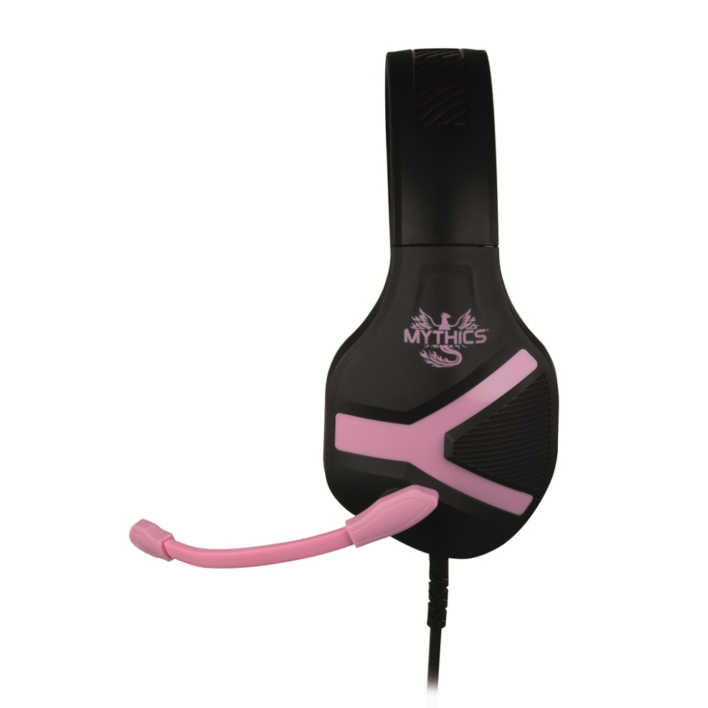Cuffie da gioco nere e rosa con microfono rosa e archetto nero con dettagli rosa.