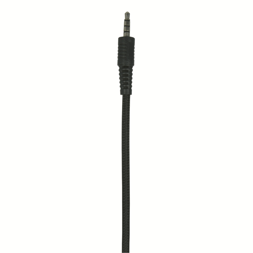 Cavo jack audio nero con impugnatura strutturata. Sfondo bianco.