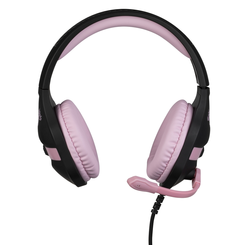 Cuffie rosa e nere con microfono. Le cuffie hanno padiglioni e archetto rosa.