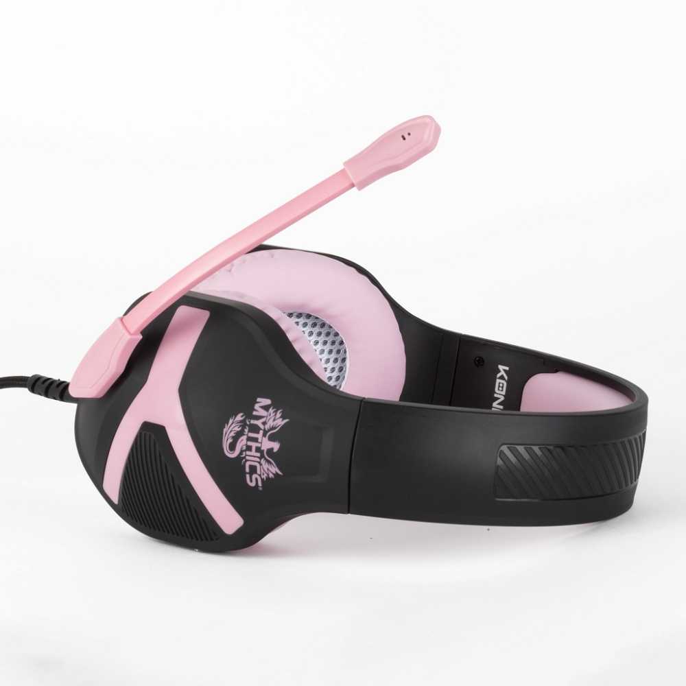 Cuffie da gioco nere e rosa con microfono flessibile e la parola 'MYTHICS'.