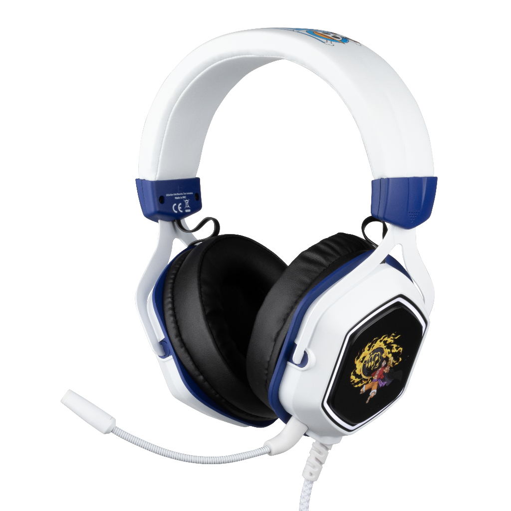 Cuffie da gaming bianche e blu con microfono, con personaggio sull'orecchio.