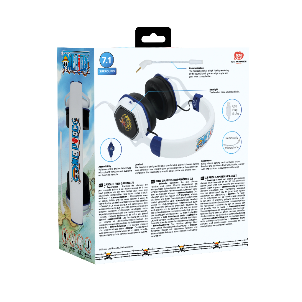 Scatola per cuffie da gioco bianca e blu con testo e immagini, su sfondo bianco.