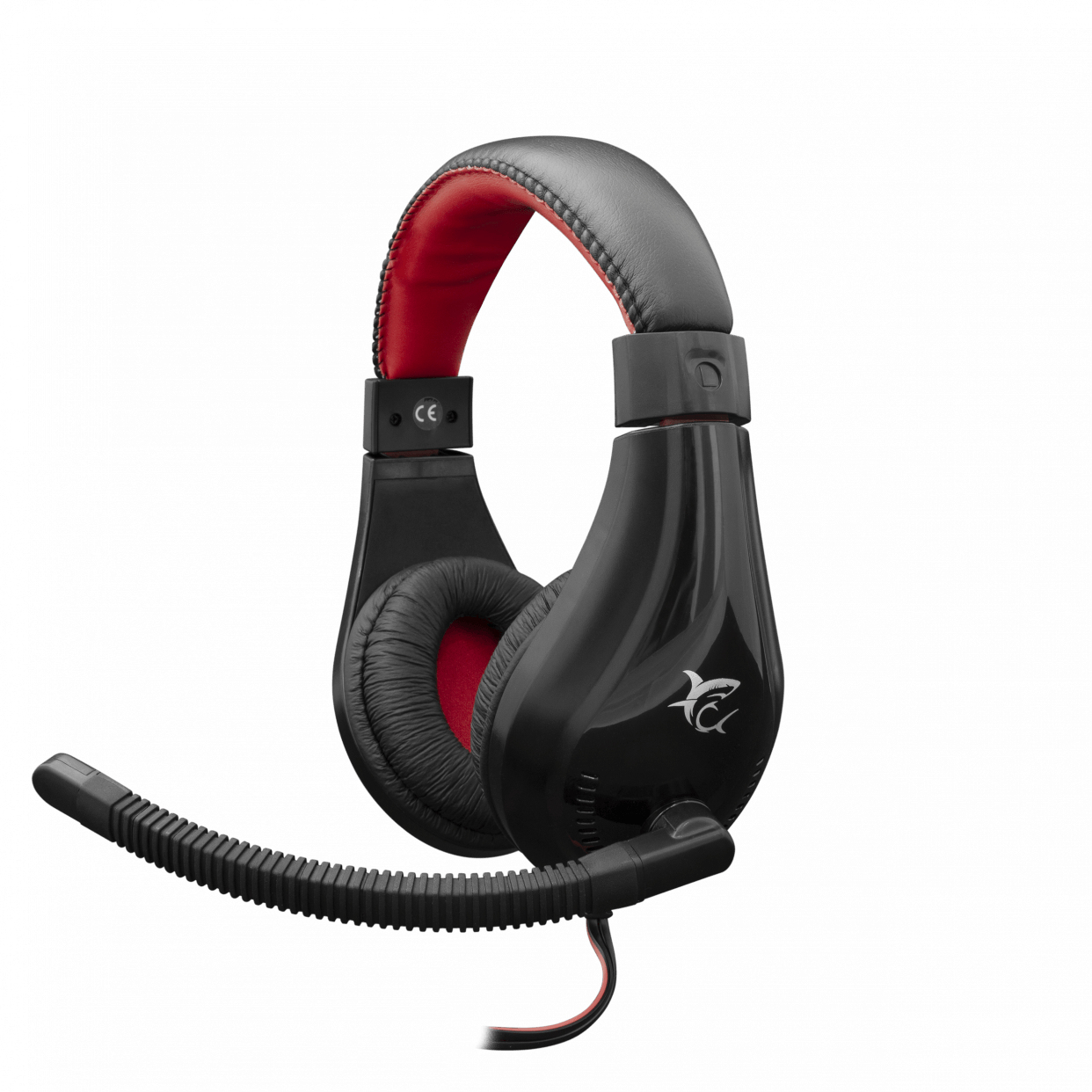 Cuffie da gioco nere e rosse con microfono. Sfondo bianco.