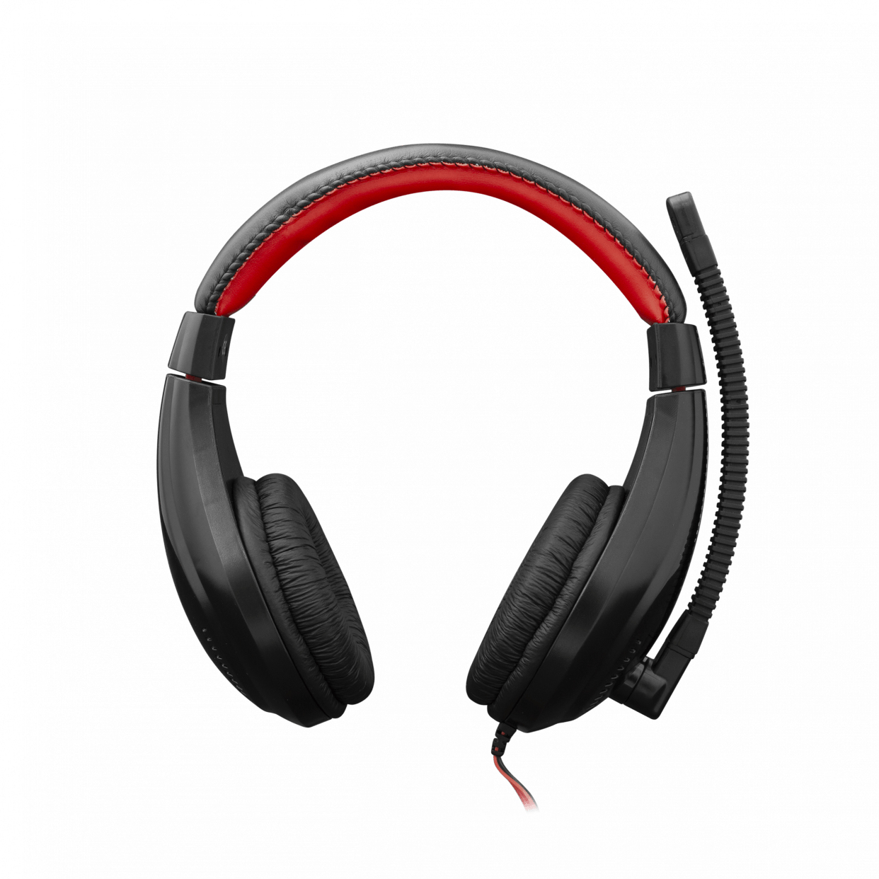 Cuffie da gioco nere con imbottitura rossa sull'archetto, con microfono, su sfondo bianco.