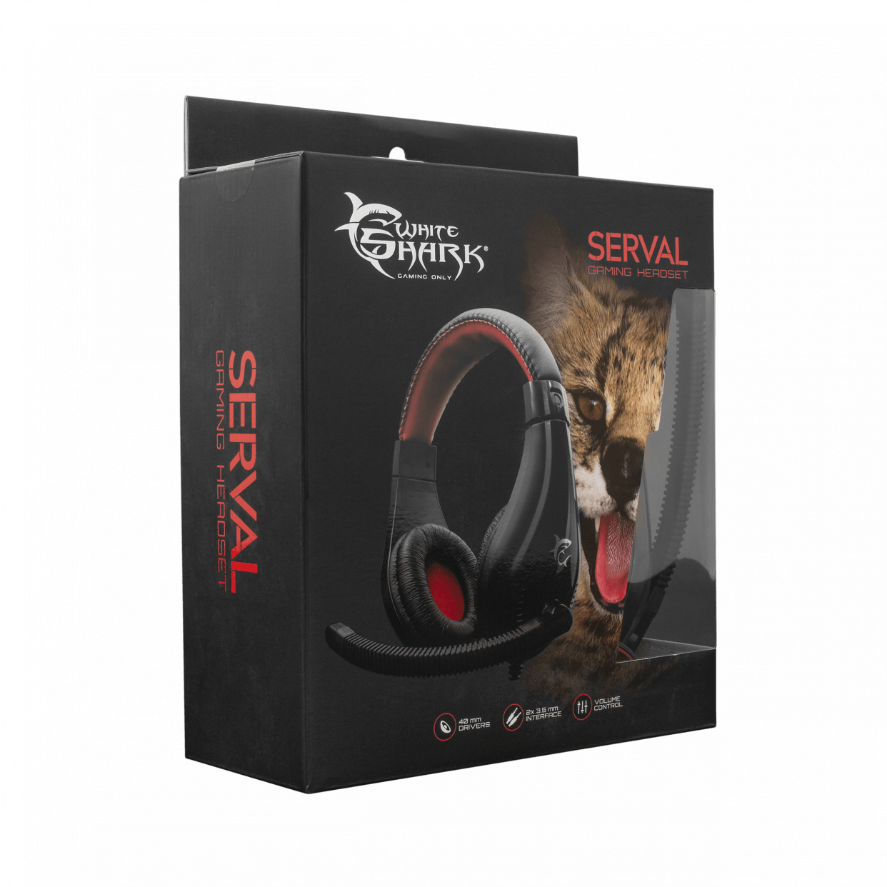 Scatola nera per cuffie con cuffie all'interno. Testo: White Shark Serval Gaming Headset. Grafica ghepardo.
