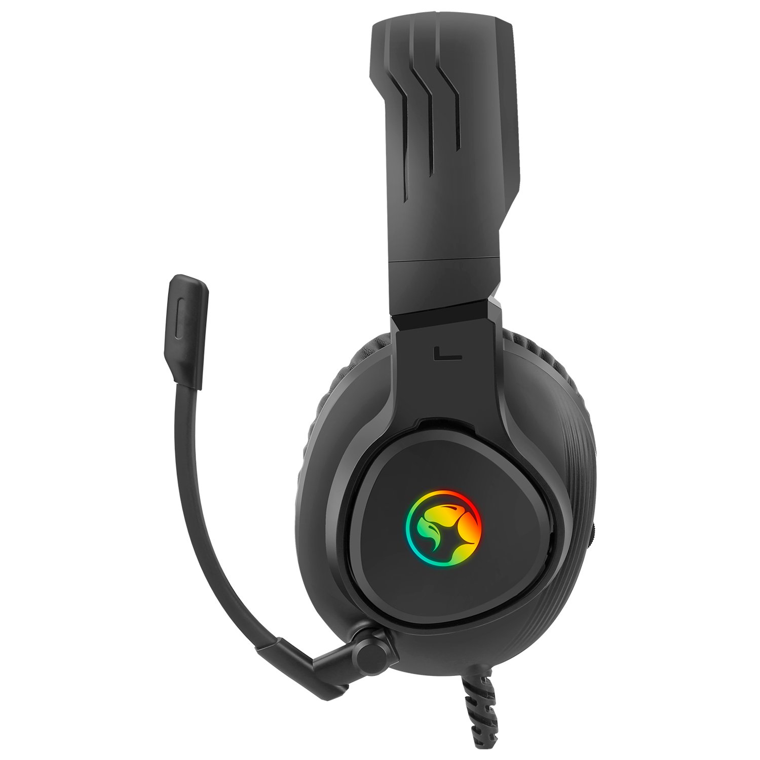 Black gaming headset with a microphone, featuring a colorful logo on the ear cup.