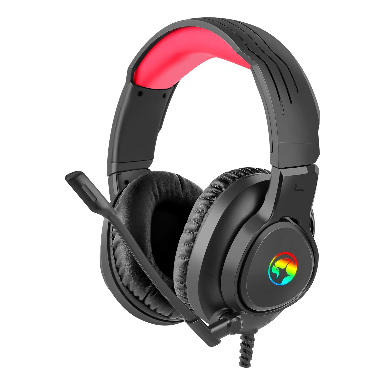 Black and red gaming headset with a microphone. The headphones have a rainbow logo.