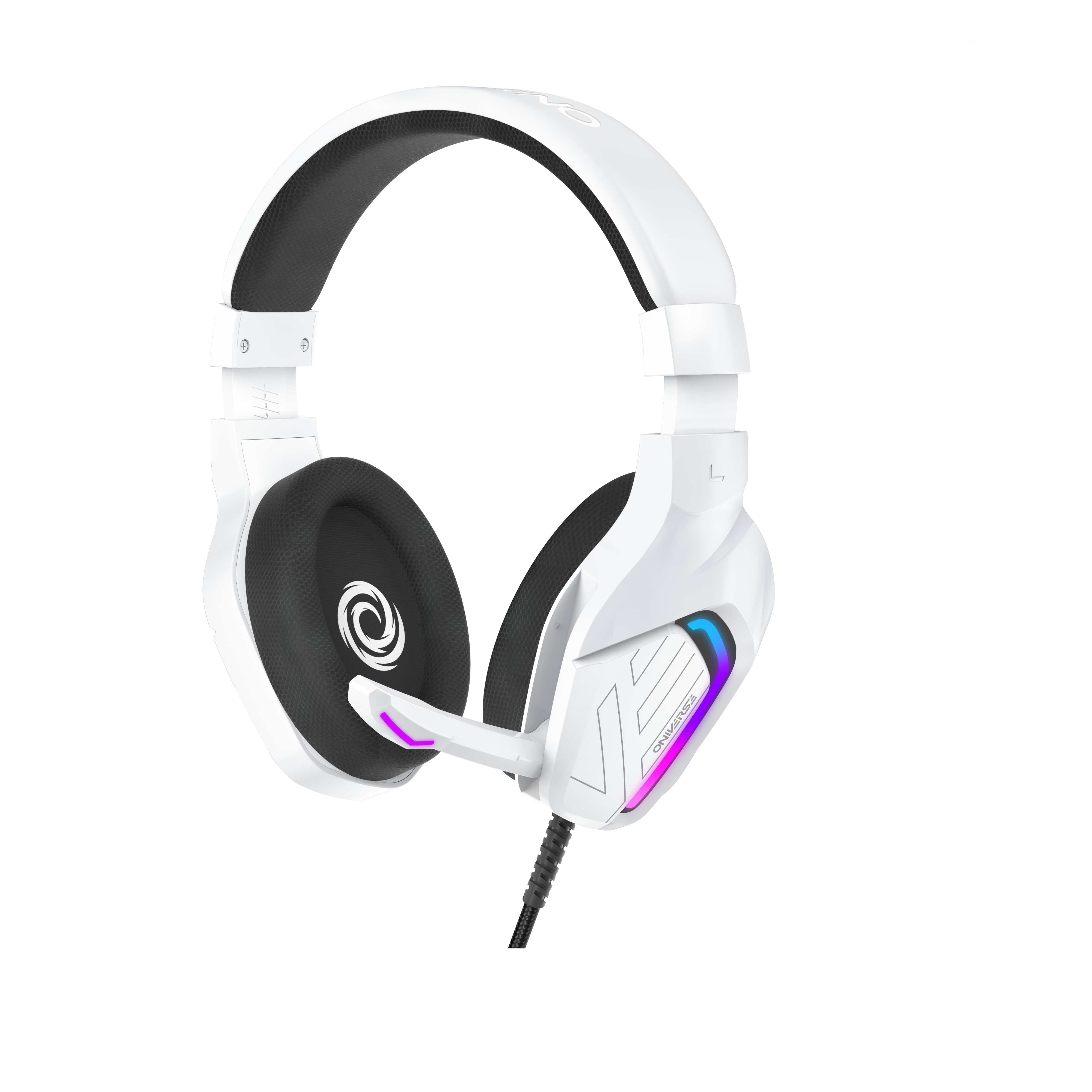 Cuffie da gaming bianche con microfono e luci LED. Bianco e nero, logo ONIKUMA, isolato su bianco.
