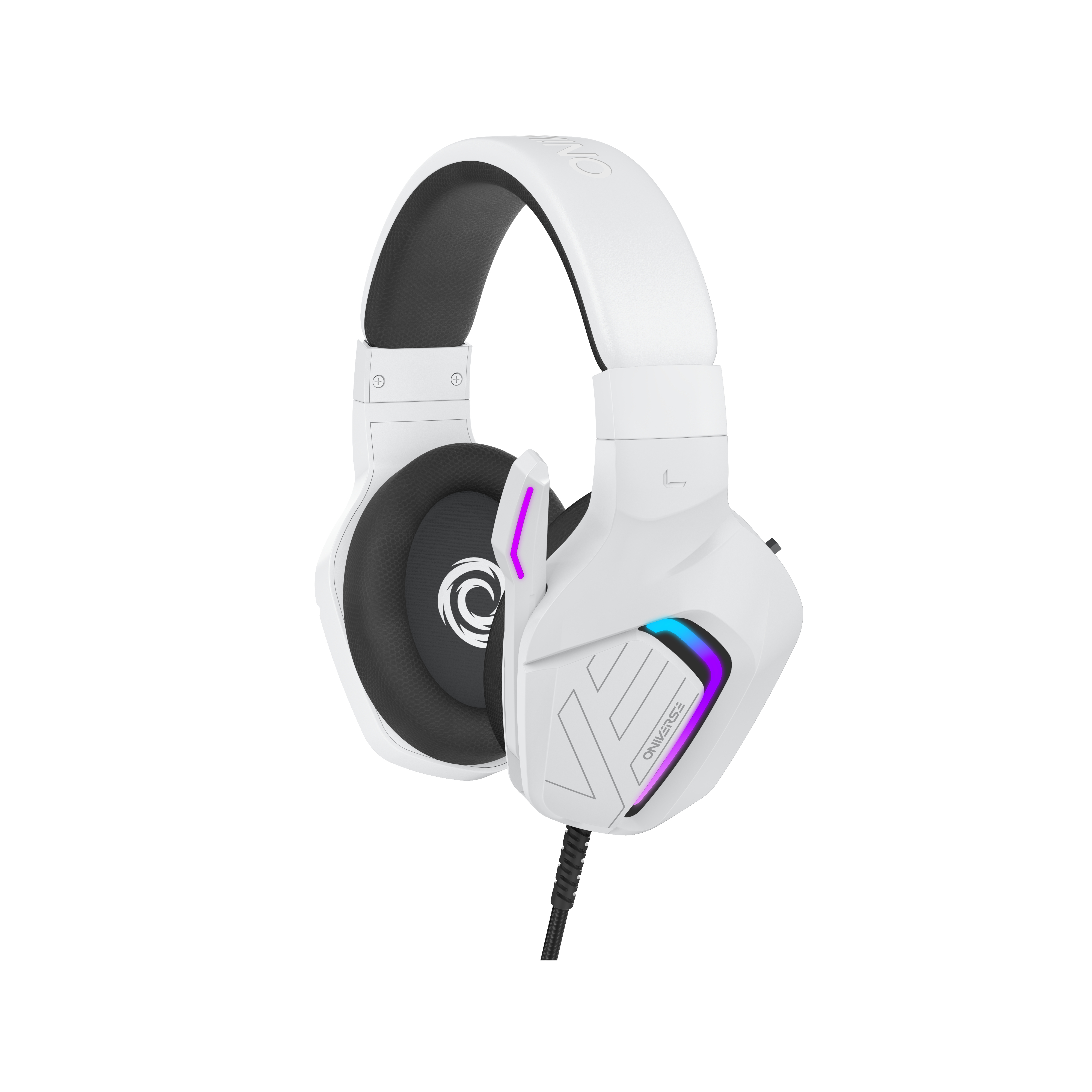 Cuffie da gaming bianche con luci RGB e cavo nero. Il marchio è 'ONIKUMA'.