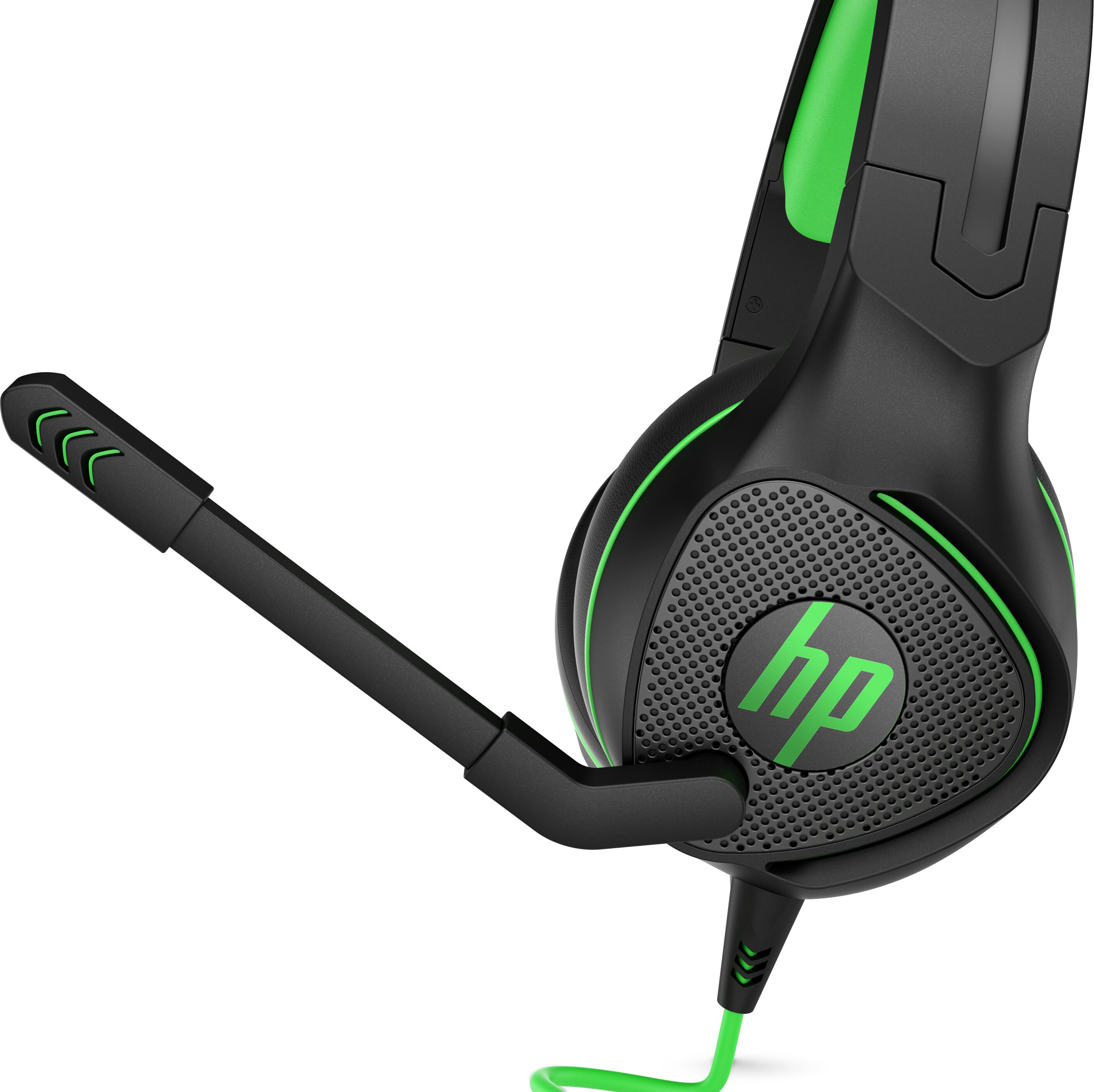 Schwarze und grüne Gaming-Kopfhörer mit Mikrofon. Das HP-Logo ist prominent.