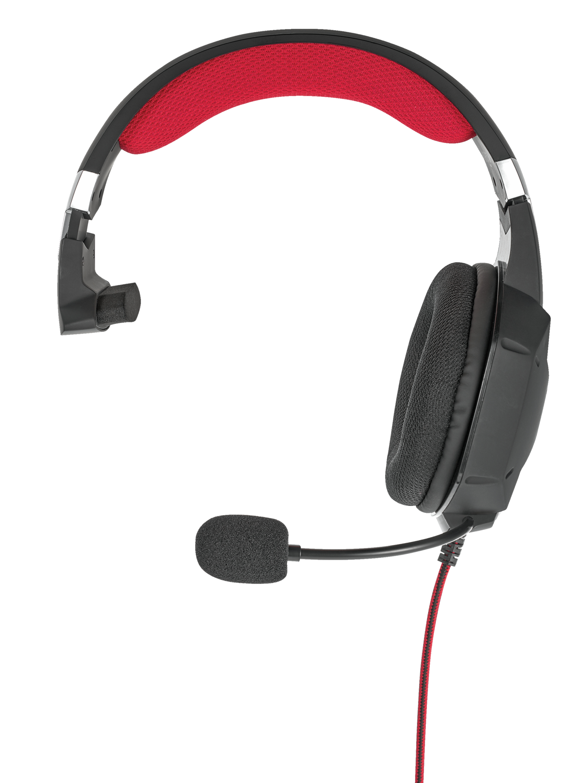 Czarne słuchawki z czerwoną wyściółką. Mikrofon jest elastyczny. Czerwony kabel.