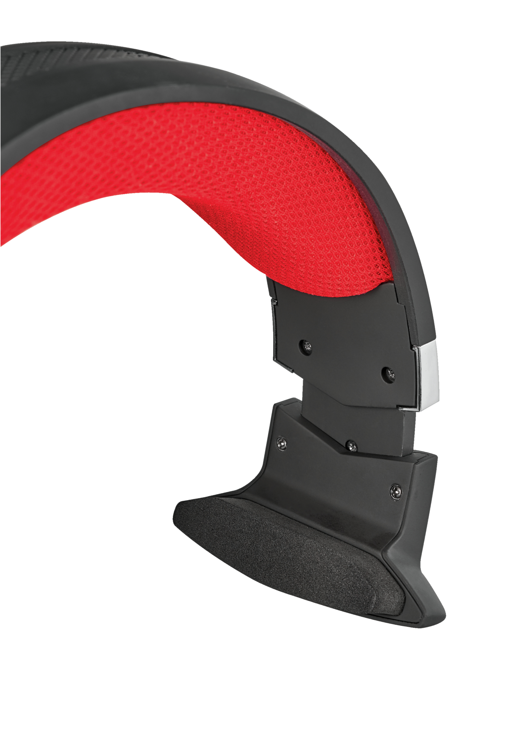 Zbliżenie pałąka czarno-czerwonego zestawu słuchawkowego dla graczy.