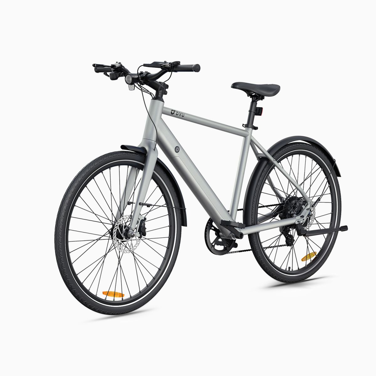 Srebrny rower elektryczny, o eleganckim designie i czarnych oponach.