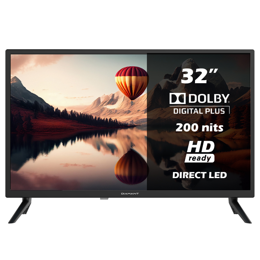 32-inch tv met landschapsbeeld in tweeën. Heteluchtballon en meer. Dolby Digital Plus.