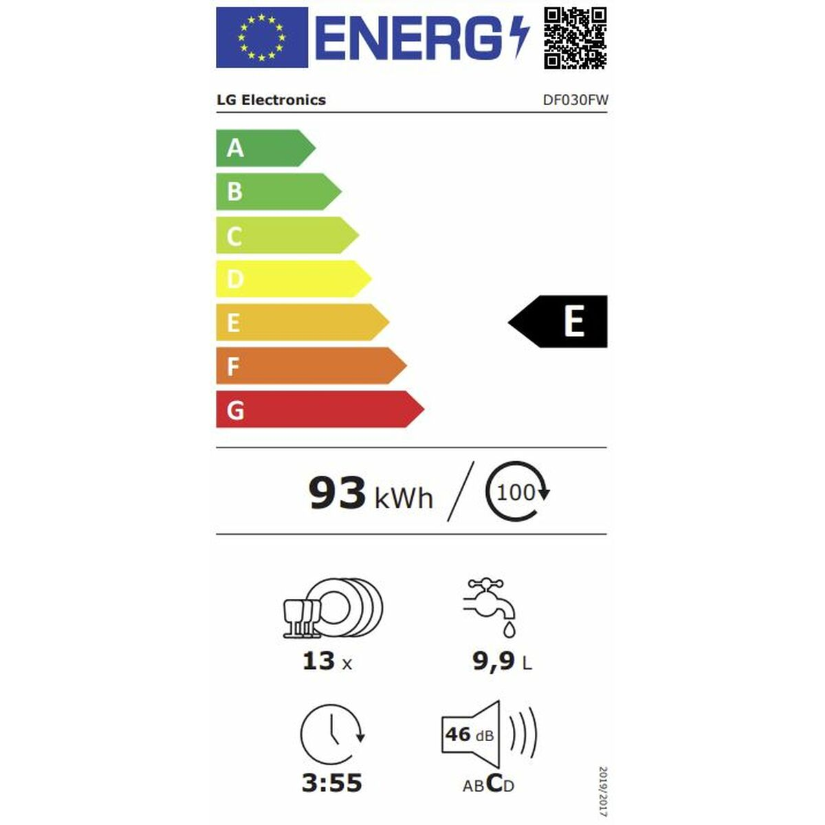 Etykieta energetyczna. Zmywarka: klasa E, 93 kWh/100, 13 kompletów, 9,9L, 3:55, 46dB.