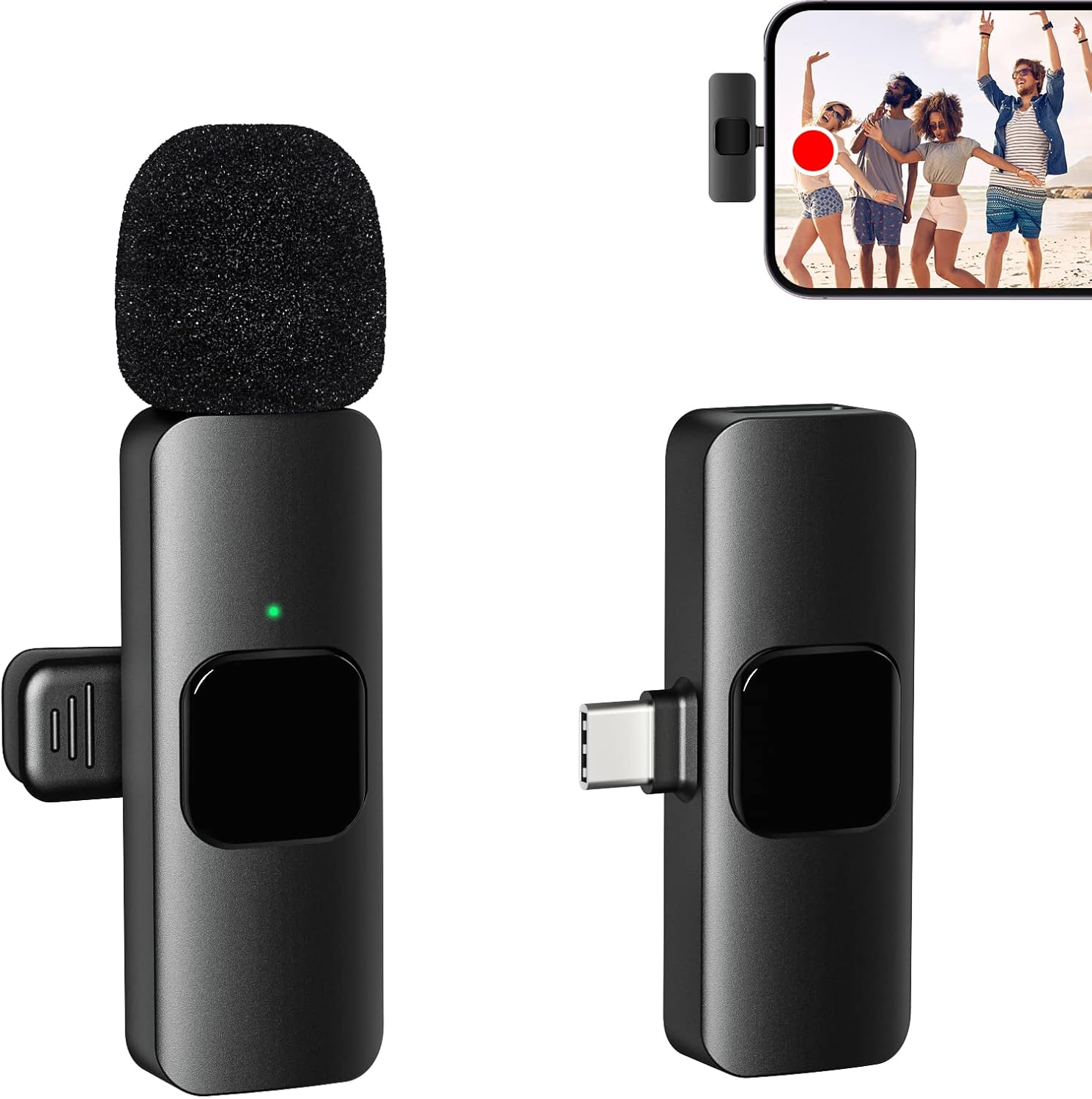 Zwei schwarze drahtlose Mikrofone, eines mit USB-C-Anschluss. Ein Telefon zeigt tanzende Menschen.