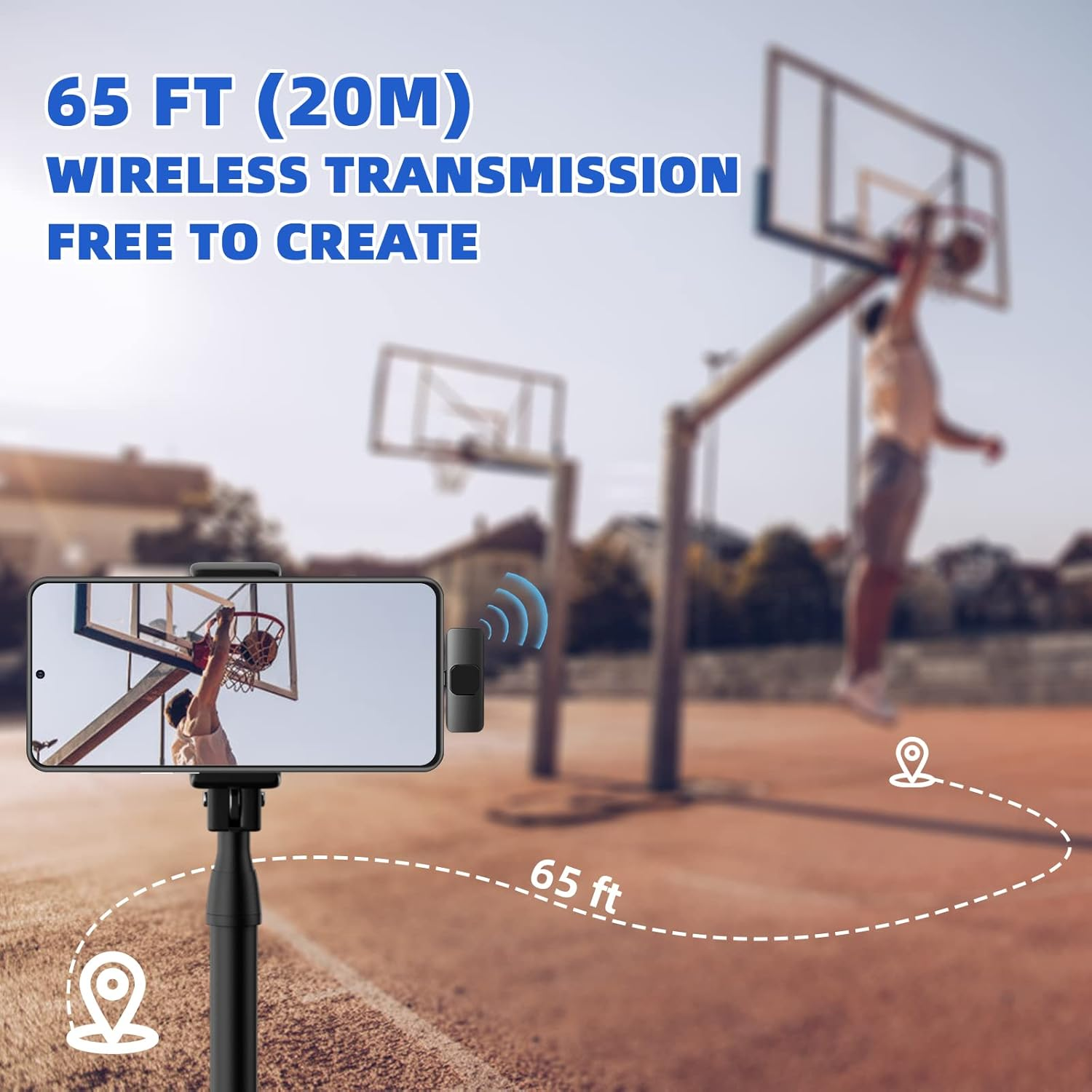 Mann wirft Basketball, Telefonaufnahme mit drahtlosem Mikrofon seitlich.