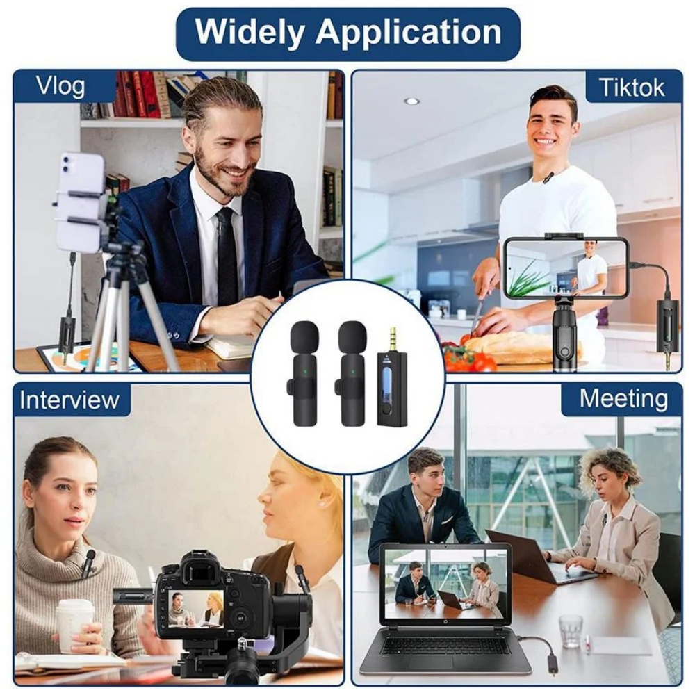 Bilder, die die vielfältige Verwendung eines drahtlosen Mikrofons zeigen: Vlog-, TikTok-, Interview- und Meeting-Setups.