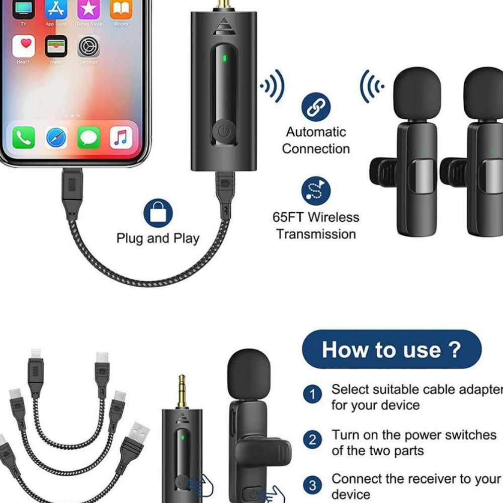 Kabelloses Mikrofon-Set, Telefon verbunden, mit USB- und Lightning-Anschlüssen, Diagramm.
