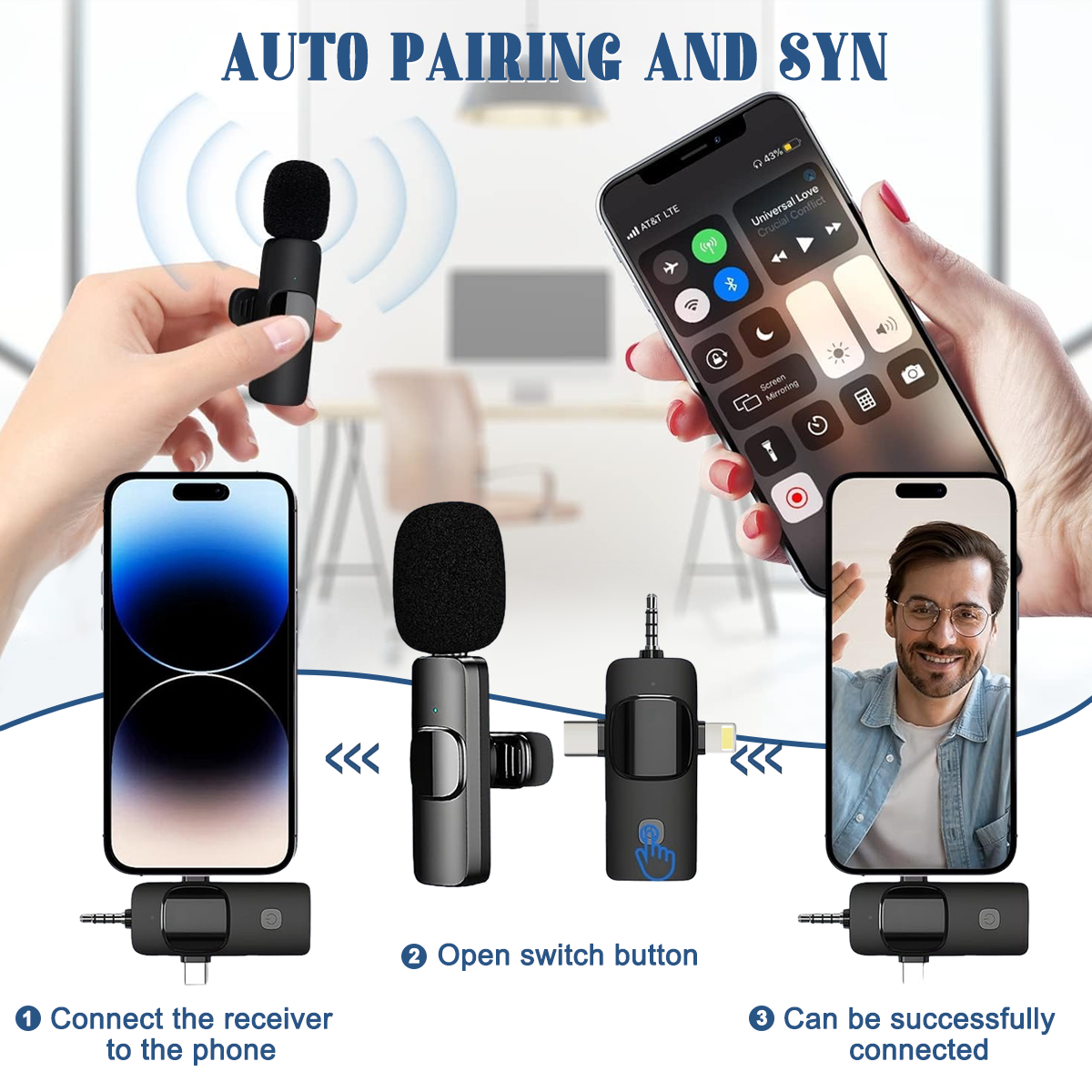 Diagramm, das ein Mikrofon zeigt, das für die Aufnahme mit einem Telefon verbunden ist. Text: Auto-Pairing und Syn.