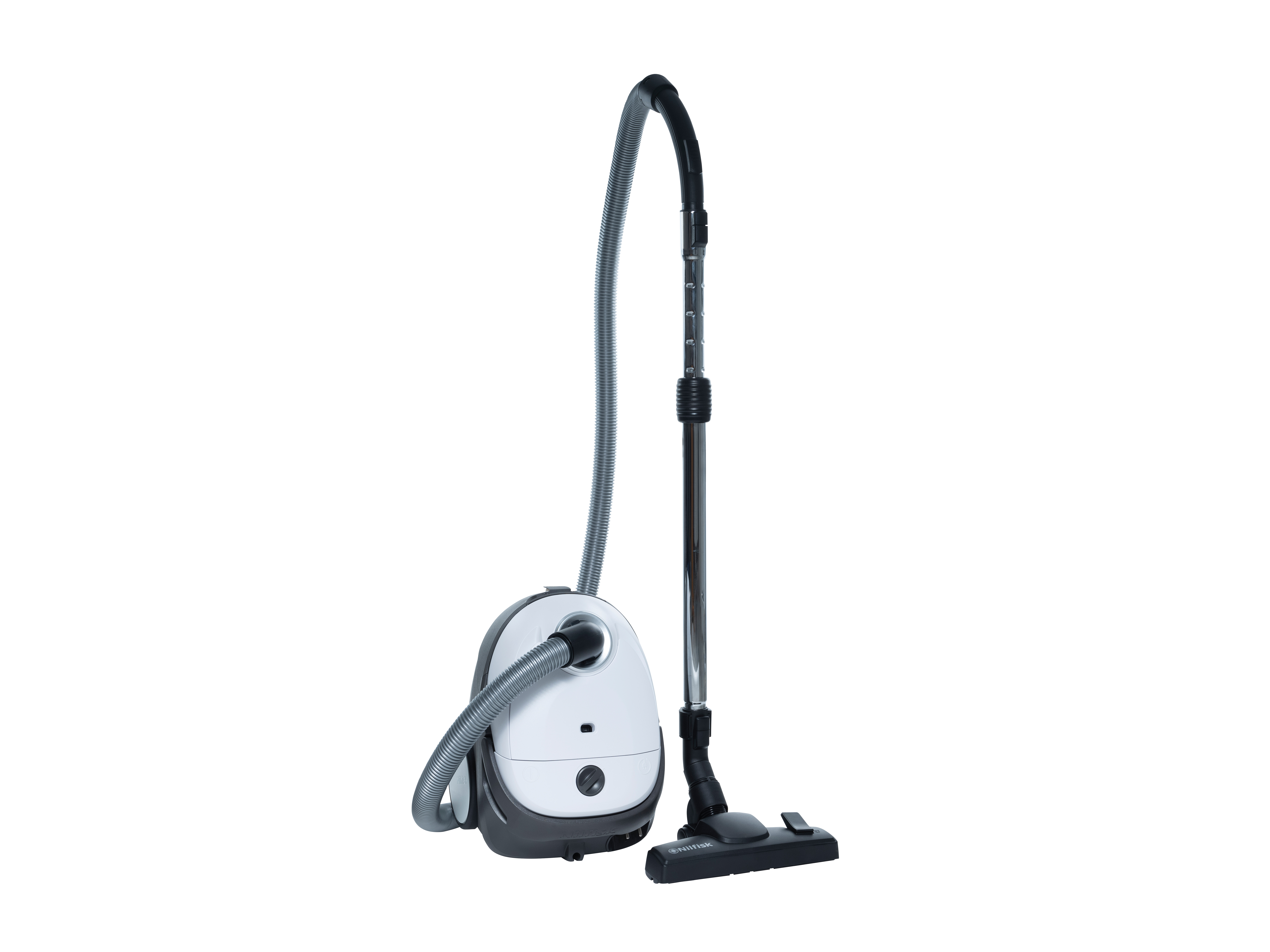 Biało-szary odkurzacz z wężem i akcesoriami. Białe tło, dobrze oświetlone.