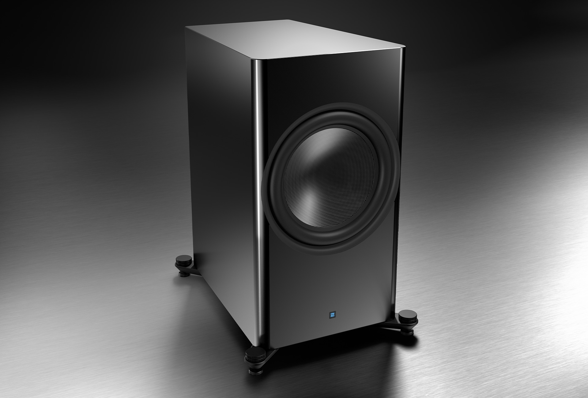 Ein schwarzer Subwoofer-Lautsprecher mit runder Öffnung. Der Hintergrund ist eine metallisch-graue Oberfläche.