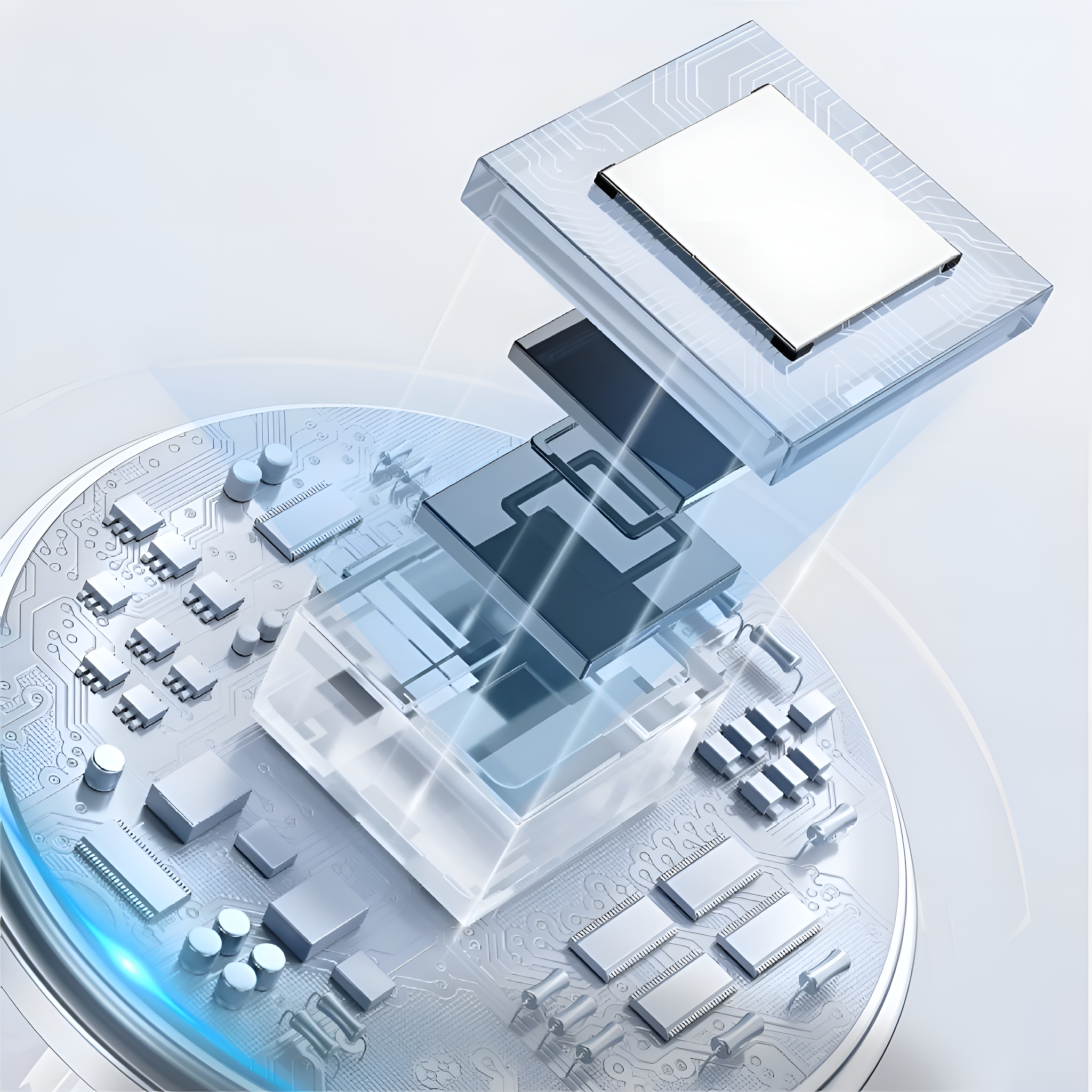 Nahaufnahme einer Leiterplatte mit Chips und einem transparenten rechteckigen Block.