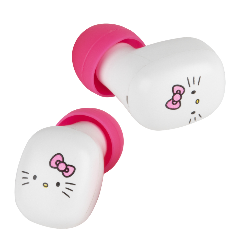 Two white Hello Kitty earbuds with pink ear tips. Hello Kitty's face is on each earbud.